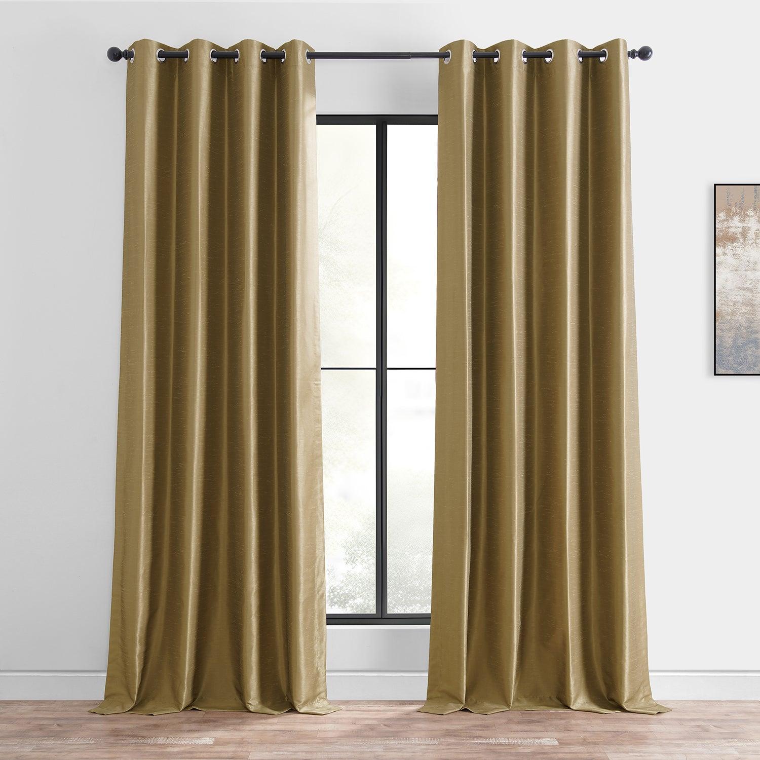 Premium Flax Gold Grommet Vintage Textured Faux Dupioni Silk Blackout Curtains - Thermal Insulated Window Drapes for Living Room, Bedroom & Home Theater