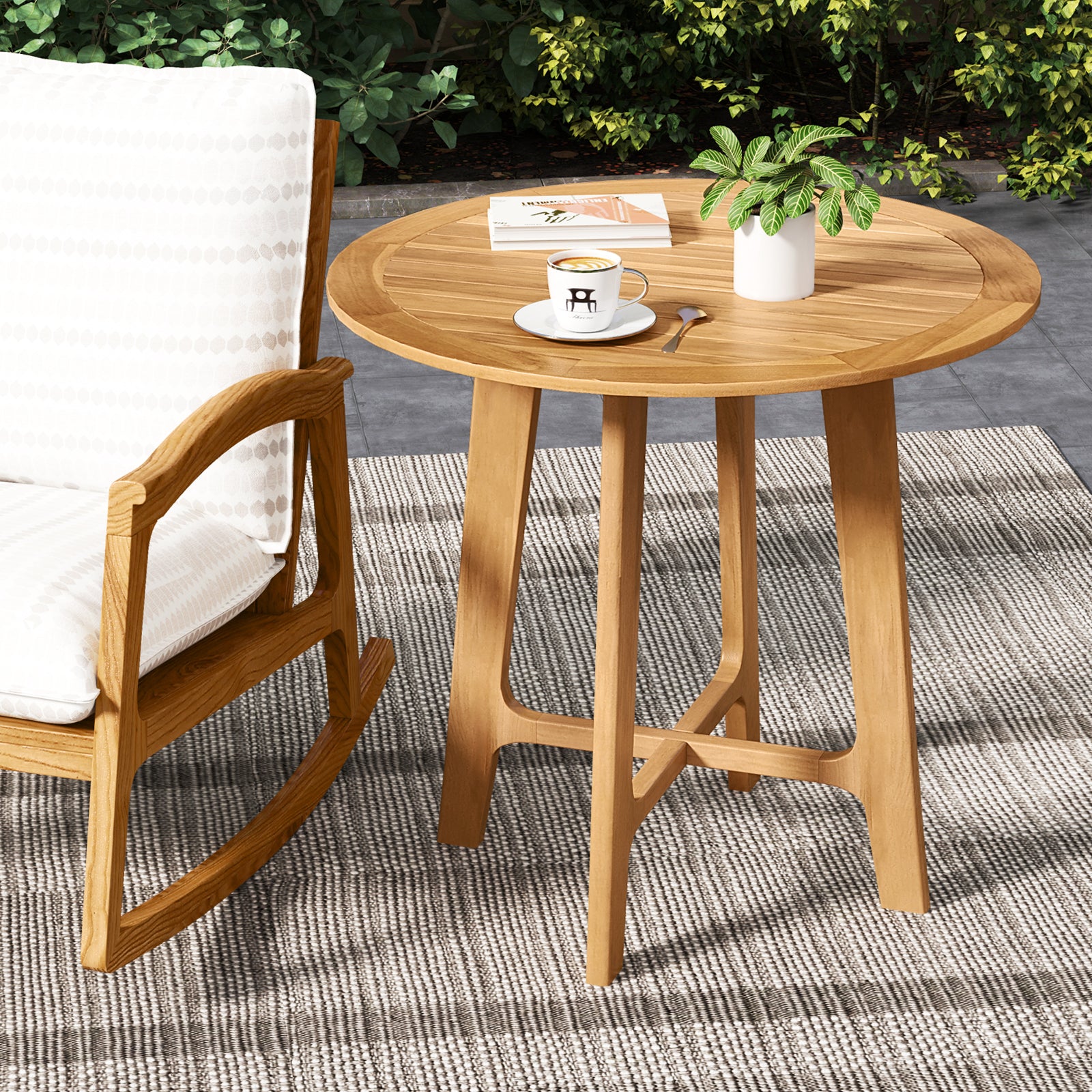 Costway 31.5 Inch Round Patio Table with Slatted Tabletop & X-Shaped Frame - Outdoor Dining, Garden, Backyard Furniture for BBQ, Poolside, and Relaxation