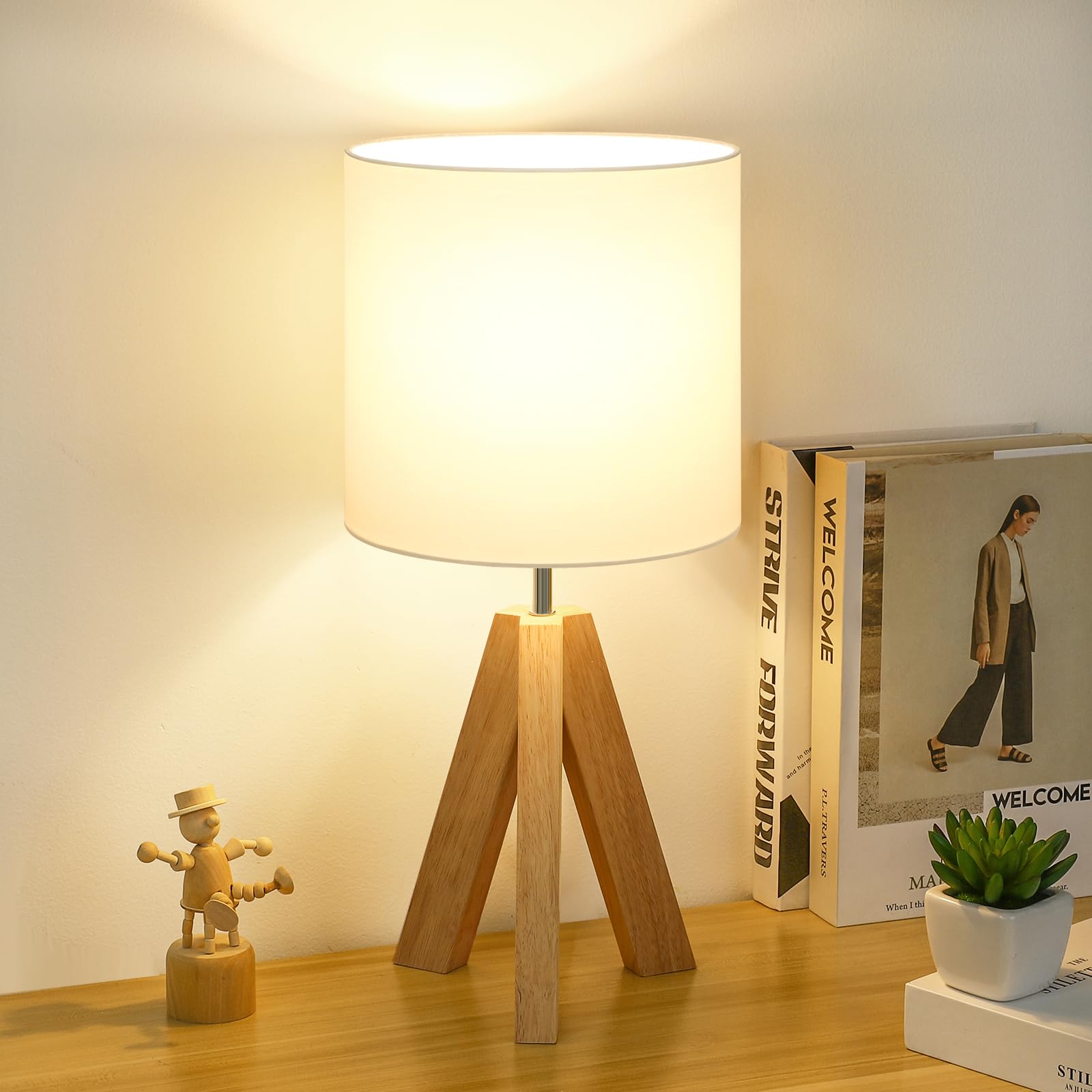Small Wood Tripod Table Lamp with White Fabric Shade - Minimalist Boho Nightstand Lamp for Bedroom, Living Room, Nursery, Kids Room, Office & Dorm - Perfect for Reading, Relaxing & Decorating