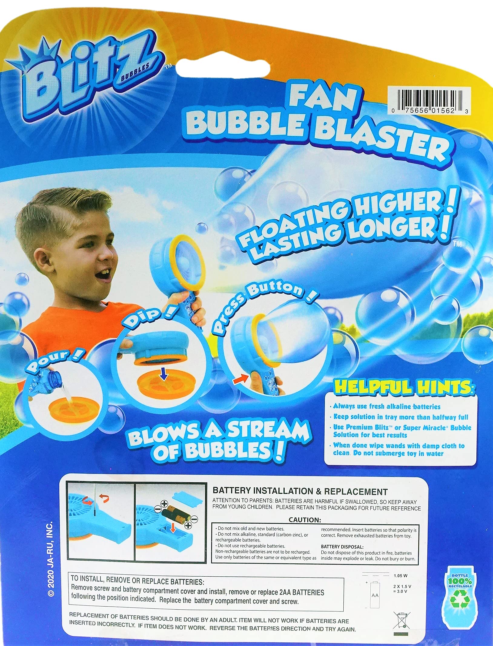 JA-RU Blitz Fan Bubble Blaster with Soap Solution - Battery Operated Bubble Maker Machine Toy for Kids, Outdoor Family Games, Handheld Bubble Wand Shooter - Perfect for Easter Basket, Birthday Parties, Park Playdates and Backyard Fun (Model 1562-1)