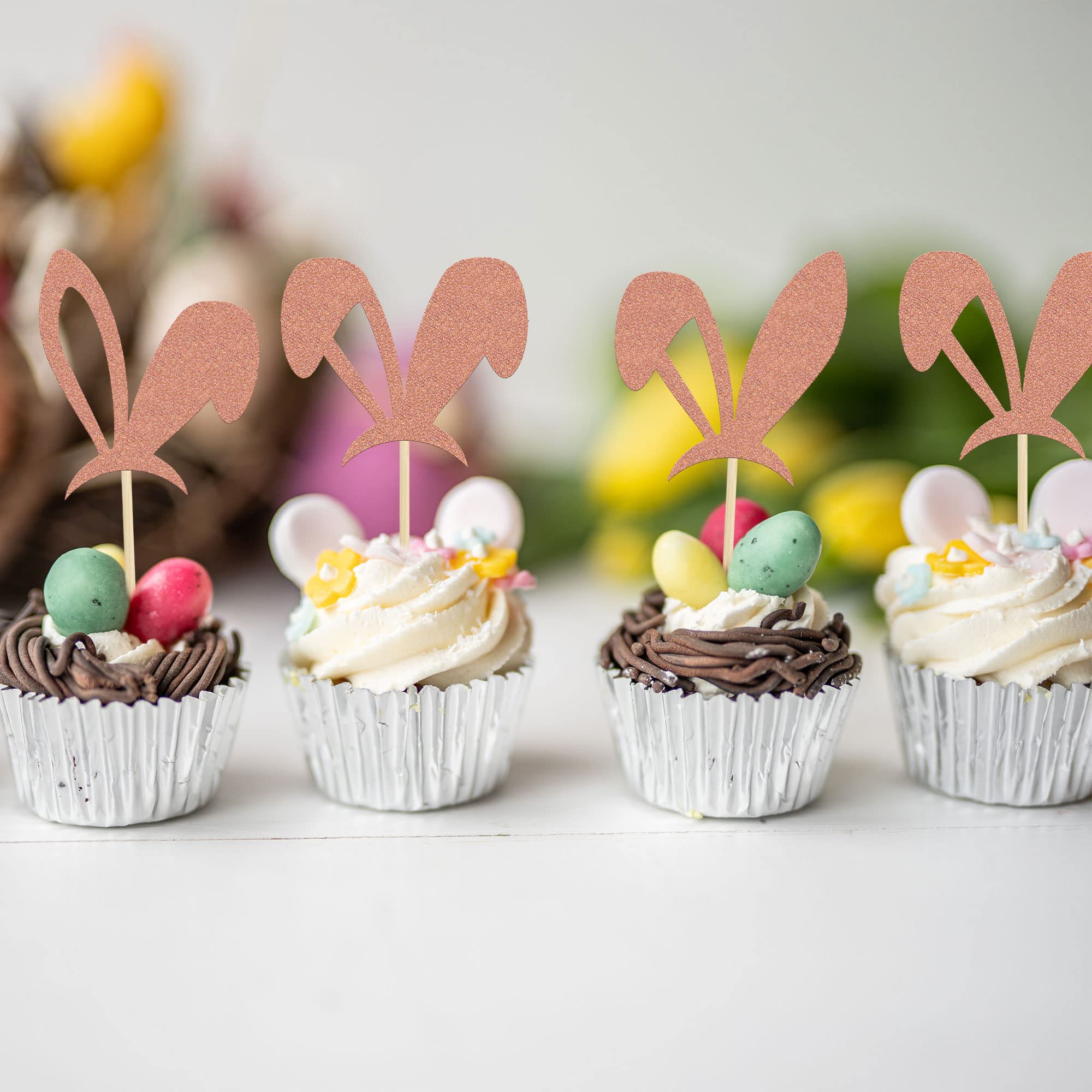 24Pcs Rose Gold Glitter Bunny Ear Cupcake Toppers - Easter Cake Decorations for Spring Birthday, Baby Shower & Bunny Theme Party Supplies | Perfect for Easter Desserts, Holiday Treats & Festive Celebrations