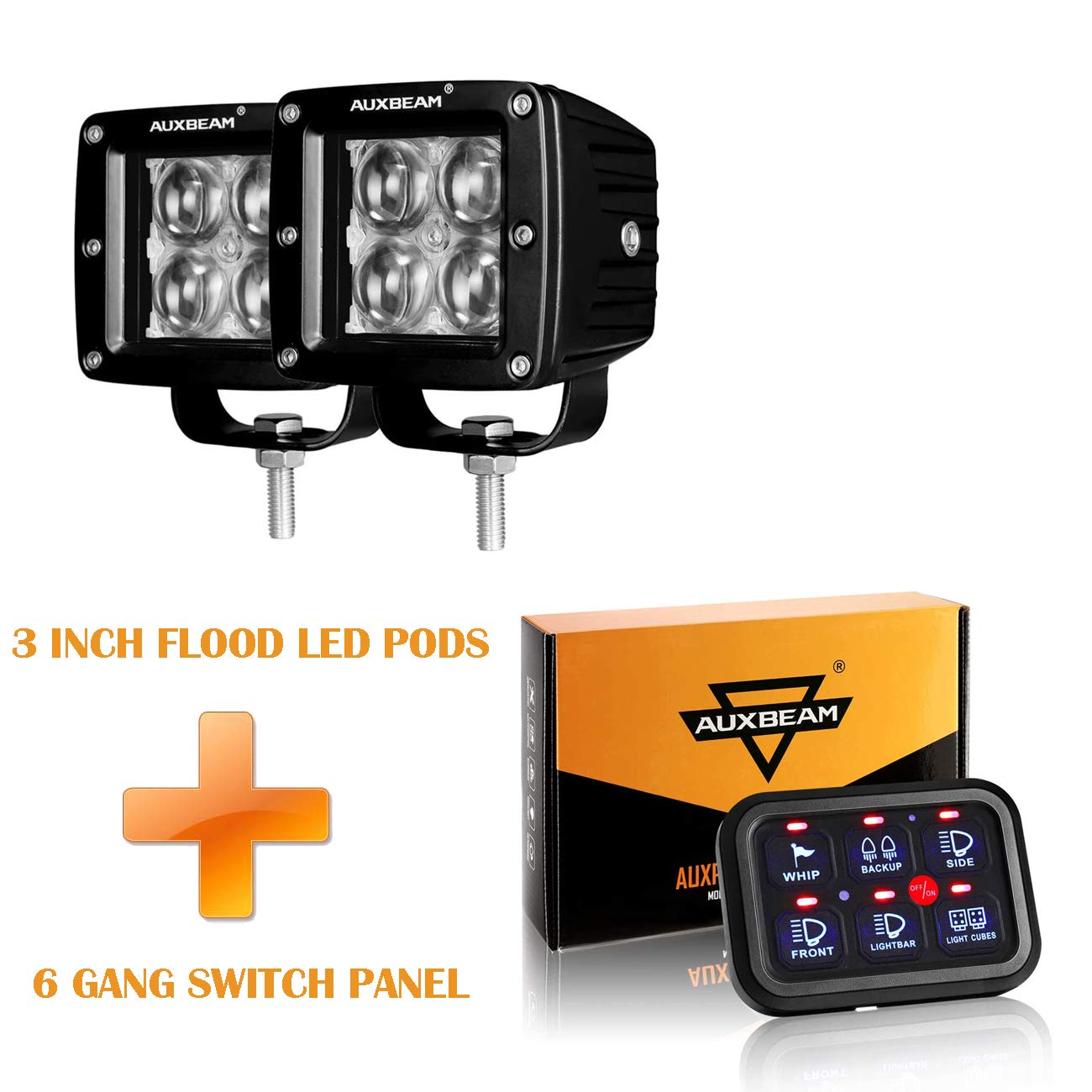 Auxbeam 2PCS 4D LED Light Pods with 6 Gang Switch Panel - Blue Off-Road Lighting Kit for Trucks, Jeeps & ATVs - Perfect for Night Driving, Camping & Outdoor Adventures