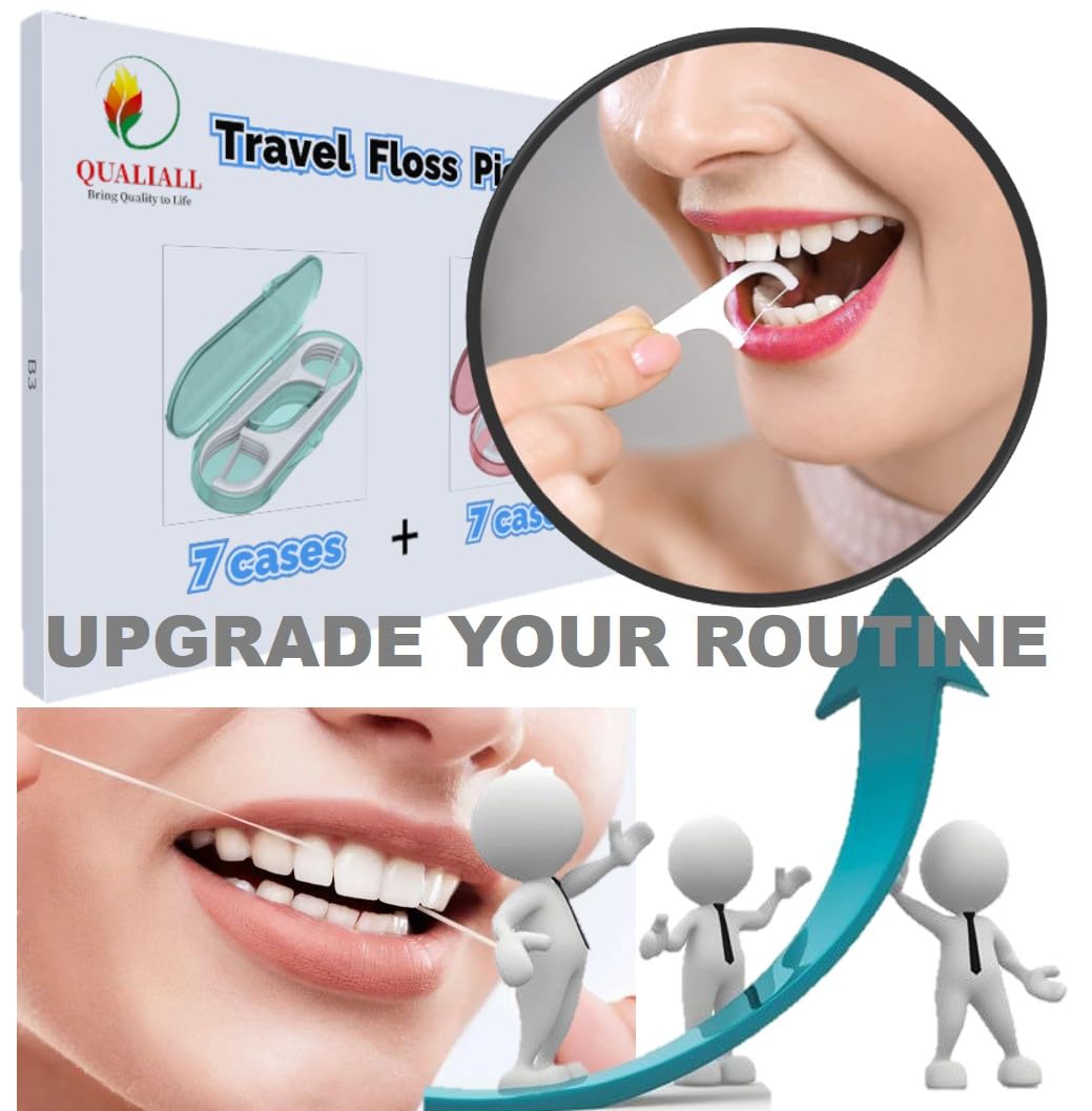 14 Pack Travel Dental Floss Pick Case with 140pcs Premium QUALIALL Toothpicks - Portable Refillable Floss Holder for Adults (Green & Pink) - Perfect for Travel, Office & Daily Oral Hygiene