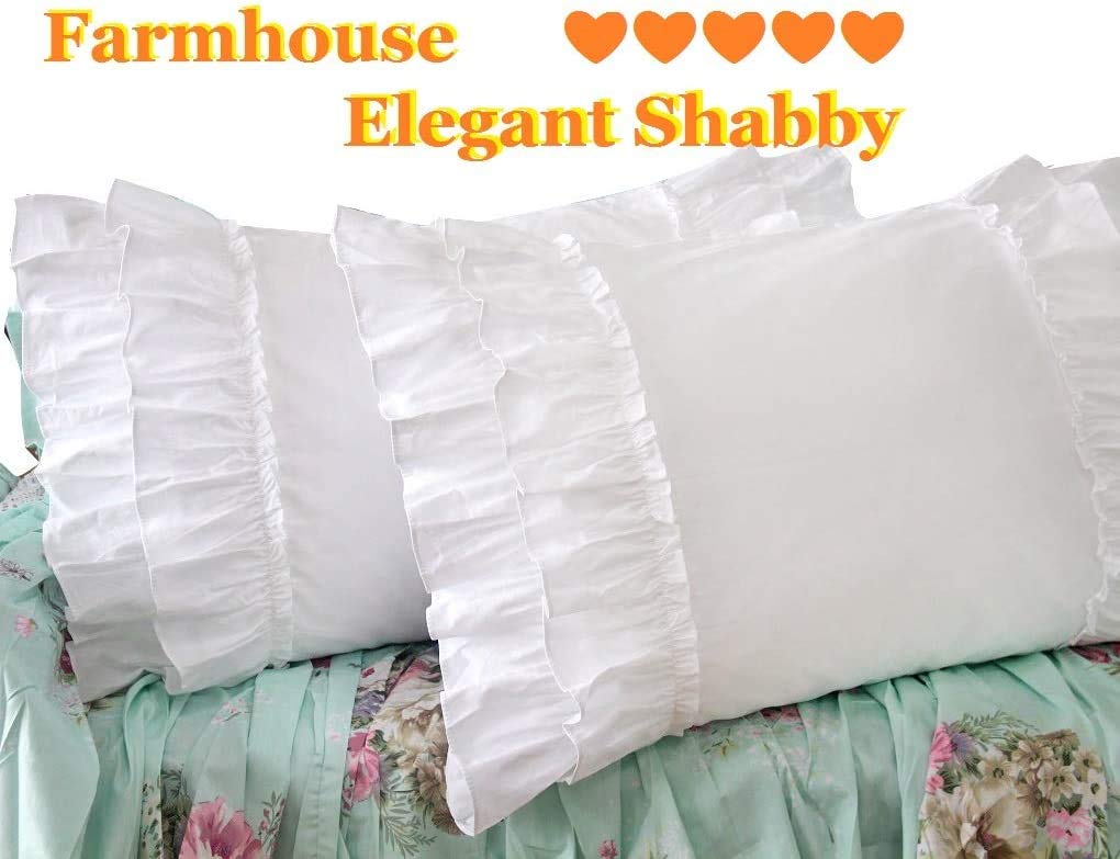 Queen's House White Ruffle Pillow Shams - Set of 2 Cotton Pillowcases for Bedroom Decor