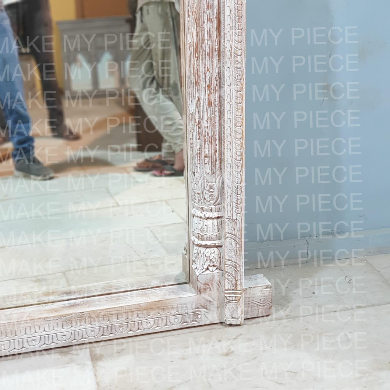 Hand Carved Indian Arch Mirror Frame with Bleach Finish - Deborah - Elegant Home Decor for Living Room, Bedroom, or Entryway