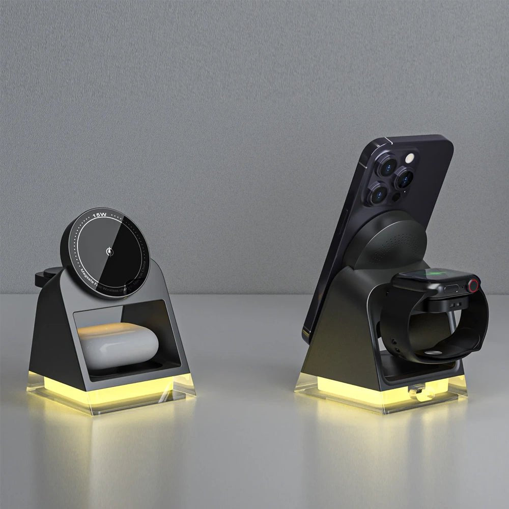 PowerTrio Plus 3-in-1 Magnetic Wireless Charging Station for iPhone 14/13/12 - Fast Charging Stand for iPhone, AirPods & Apple Watch - Perfect for Home, Office & Nightstand Use