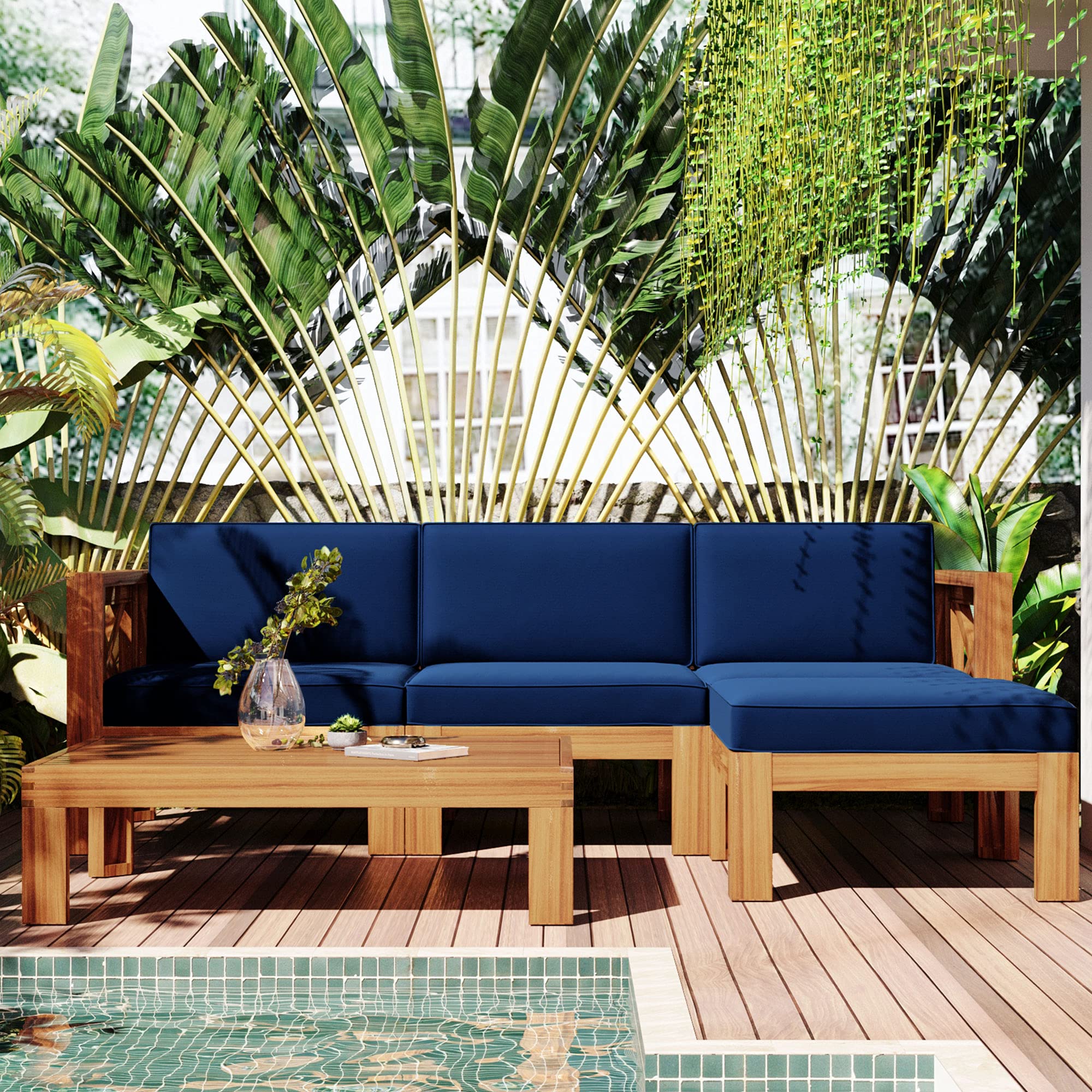 Premium 5-Piece Acacia Wood Outdoor Patio Furniture Set with Cushions - All-Weather Corner Sofa & Coffee Table Conversation Set, Natural Finish + Blue Cushions for Backyard, Garden, Poolside or Terrace Relaxation