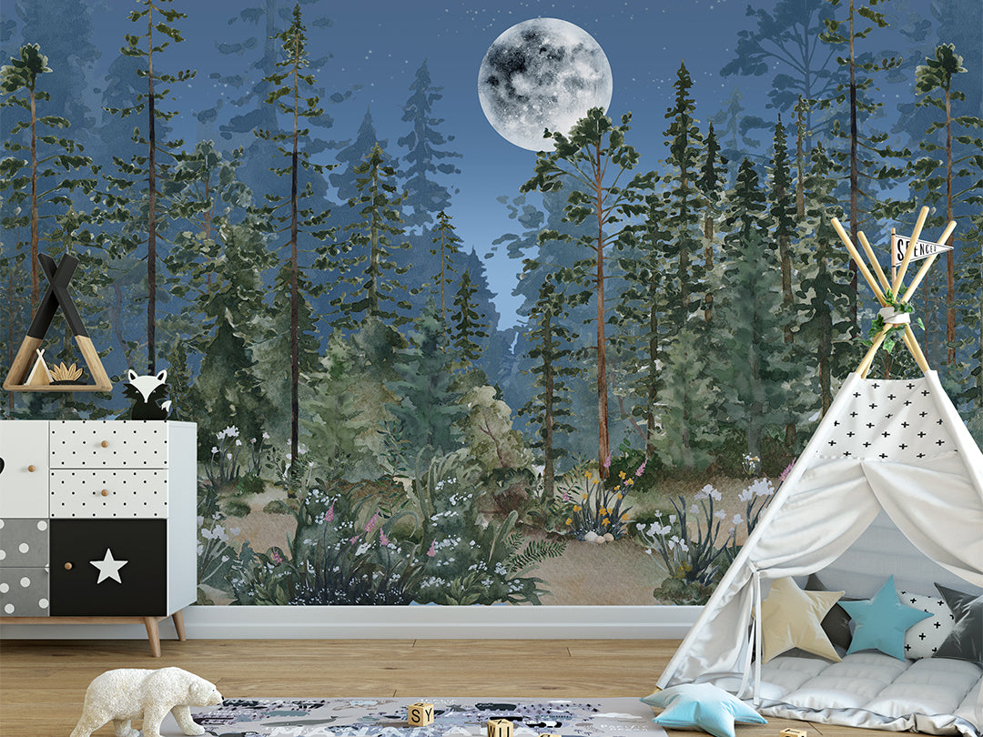 Night Sky & Woodland Wall Mural WM028 - Stunning Nature-Themed Wallpaper for Bedroom, Nursery & Living Room Decor - Perfect for Creating a Calming Forest Atmosphere