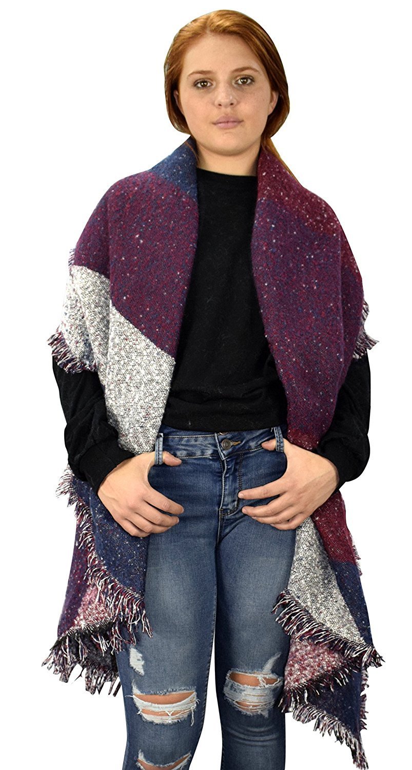 Thick & Warm Woven Oblong Blanket Scarf Shawl - Burgundy Red | Cozy Winter Wrap for Women, Perfect for Outdoor Activities, Travel & Home Decor