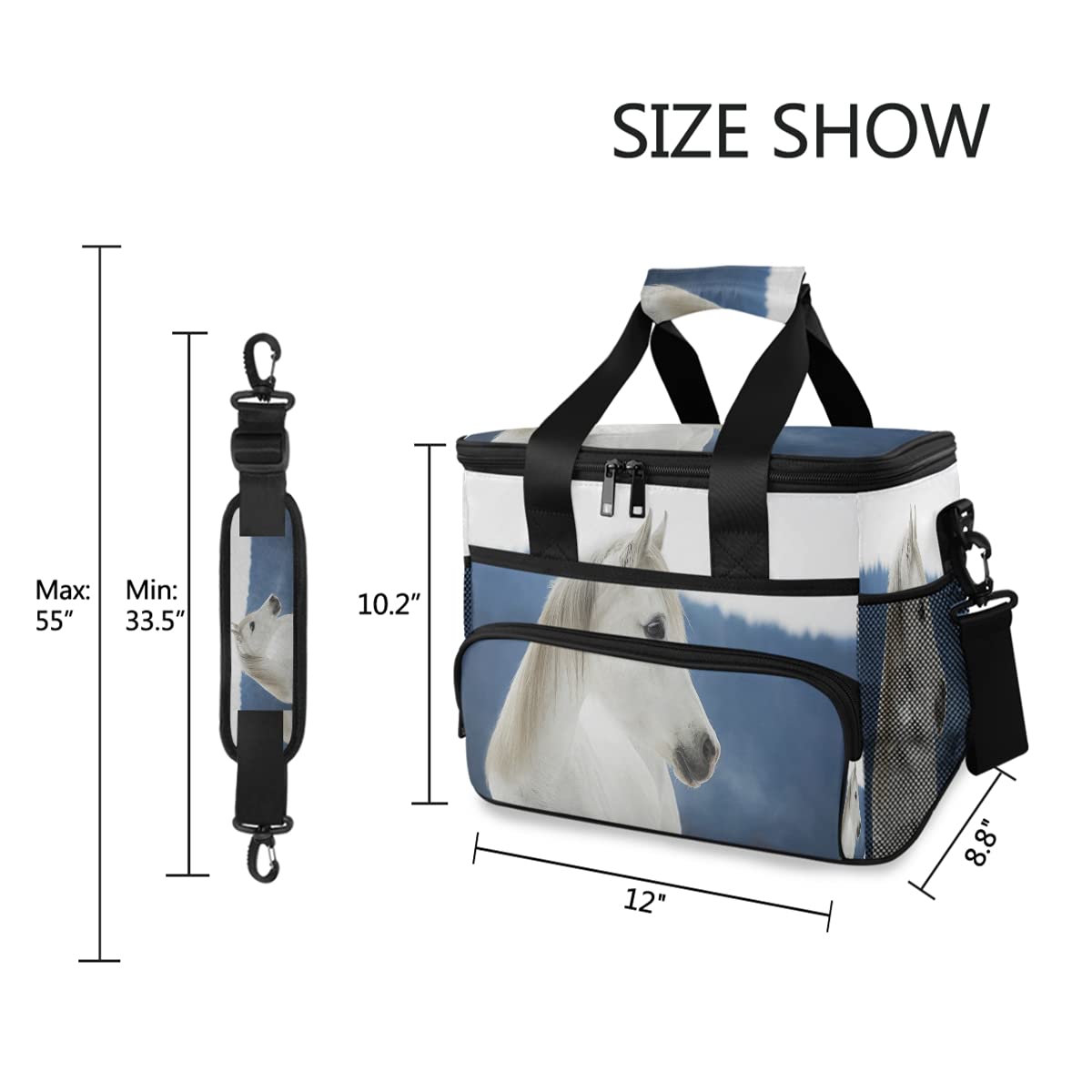 Large Insulated Cooler Bag for Camping, Picnic, Beach & Travel - Waterproof, Leakproof & Reusable Lunch Tote with White Horse Design | Perfect for Outdoor Adventures, Work Lunches & Family Outings
