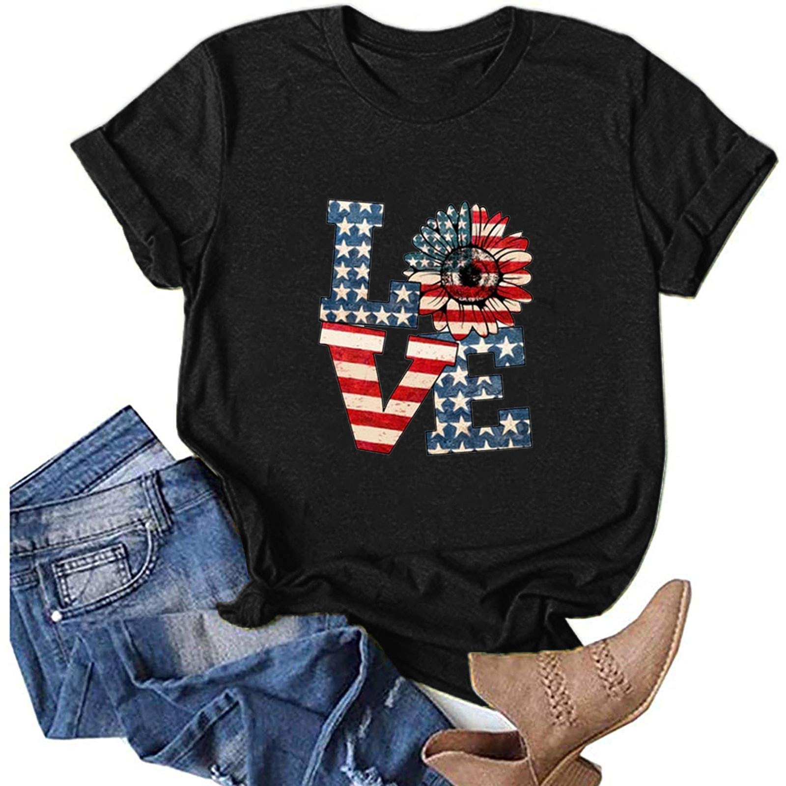 Stylish Women's Love Letter Sunflower Print Graphic T-Shirt - Cute Casual Basic Tee for Independence Day & Everyday Wear | Perfect for Summer Outfits, Beach Days, and Weekend Hangouts