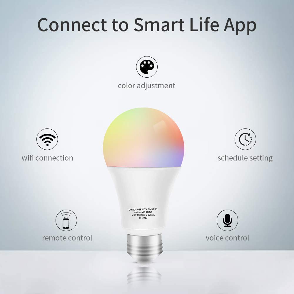 Smart LED Bulb WiFi Multicolor Light Bulb - Works with Alexa, Google Home & Echo (No Hub Required) - E26 A19 60W Equivalent RGBW Color Changing Bulb - 9.5W Dimmable Warm to Cool White (2700K-5500K) - UL Certified - Perfect for Bedroom, Living Room & Smart Home Lighting (1 Pack)