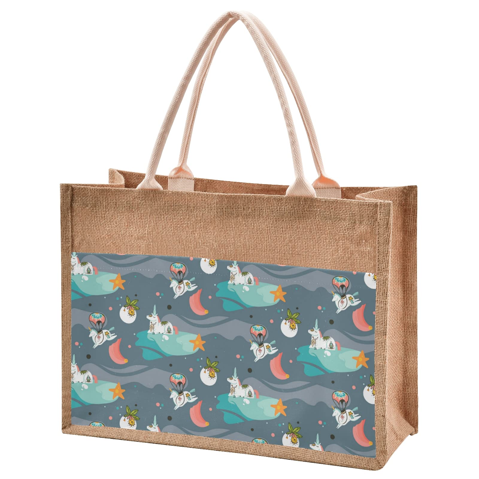 RunningBear Abstract Unicorn Burlap Tote Bag with Zipper - Eco-Friendly Jute Reusable Shopping Bag for Women - Perfect for Dating, Beach, Grocery & Gift Giving