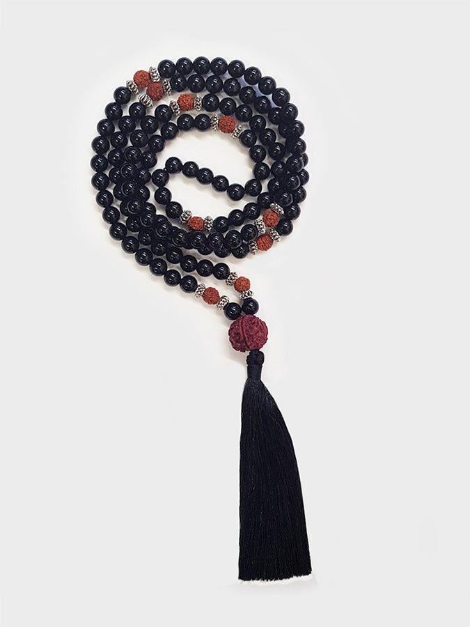 Authentic Black Onyx & Rudraksha Mala Beads for Yoga, Meditation & Spiritual Practice - Handcrafted Prayer Necklace for Mindfulness & Stress Relief