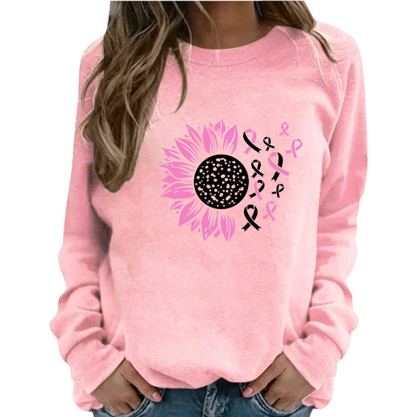 Yardsong Women's Pink Ribbon Sunflower Graphic Breast Cancer Awareness Sweatshirt - Comfortable Crewneck Fall Casual Pullover for Charity Events, Fundraisers & Everyday Wear