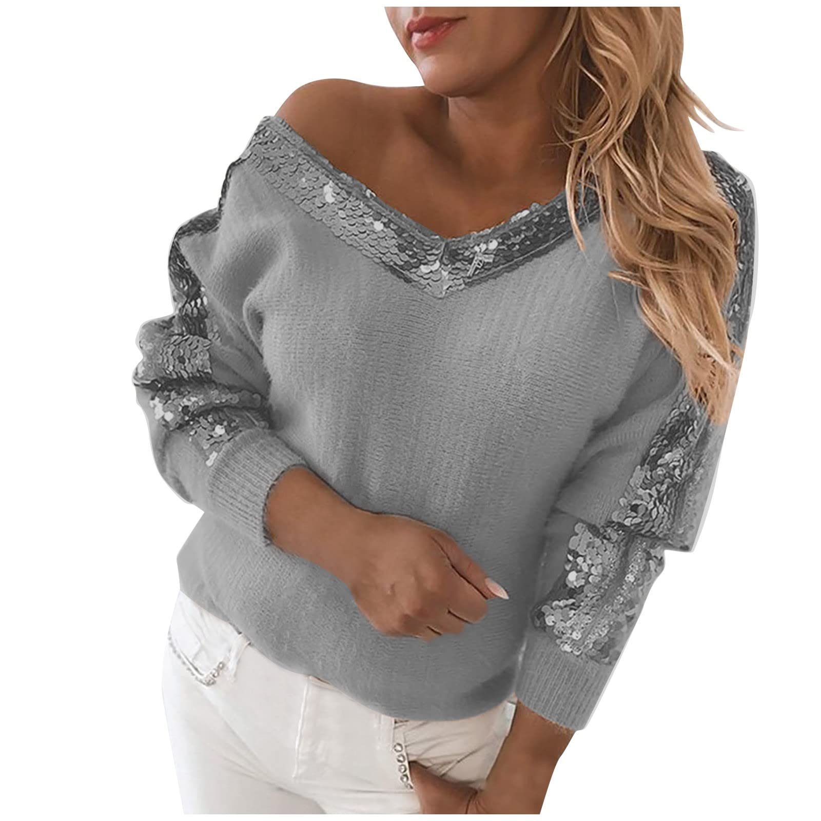 Elegant Women's V-Neck Sequin Stitch Print Sweater - Long Sleeve Pullover Cardigan for Women | Perfect for Office Wear, Date Nights & Fall Layering