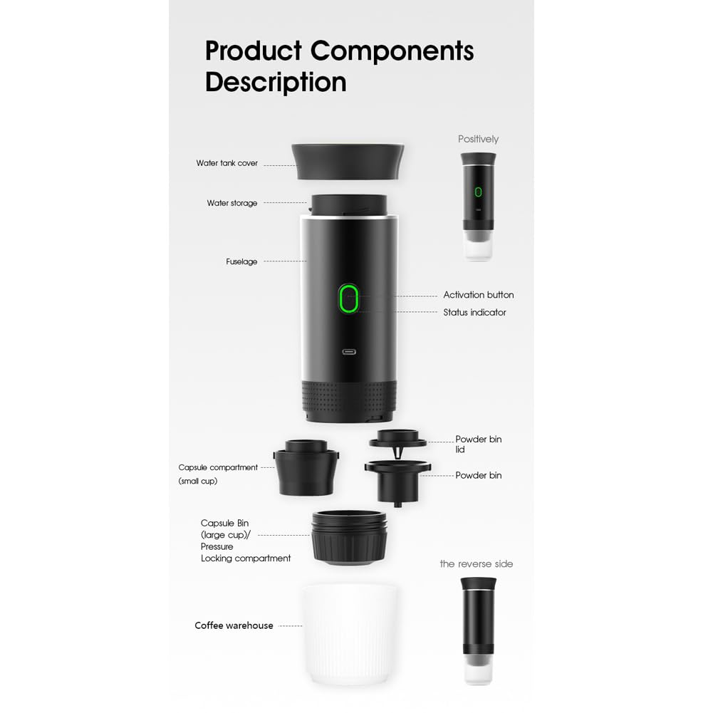 Esprova Portable Espresso Machine - Travel Coffee Maker for Camping, Office & Home Use - Compatible with All Coffee Powders - Makes 5 Hot or 100 Cold Espresso Shots - Compact & Lightweight (Black)