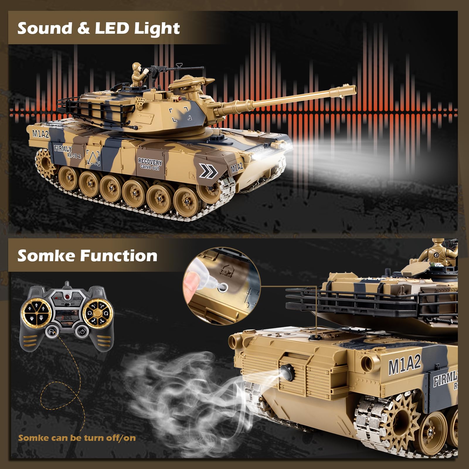 1/18 Scale US M1A2 Abrams RC Tank - 15 Channel Remote Control Military Tank with Metal Tracks, Realistic Smoke & Sound Effects, LED Lights, BB/Water Bomb Launcher, Recoil System & 60 Min Playtime - Perfect for Adults & Kids Battle Games, Military Enthusiasts & Collectors