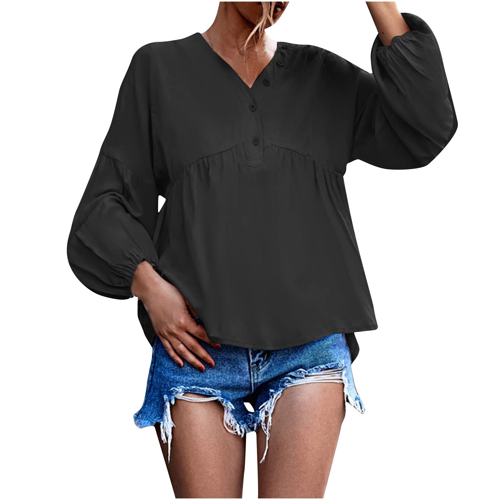 Trendy Women's Long Sleeve V-Neck Button Down Blouse - Casual High Low Hem Tunic Top for Work & Date Night | Solid Color Fashion Shirts for Fall & Winter