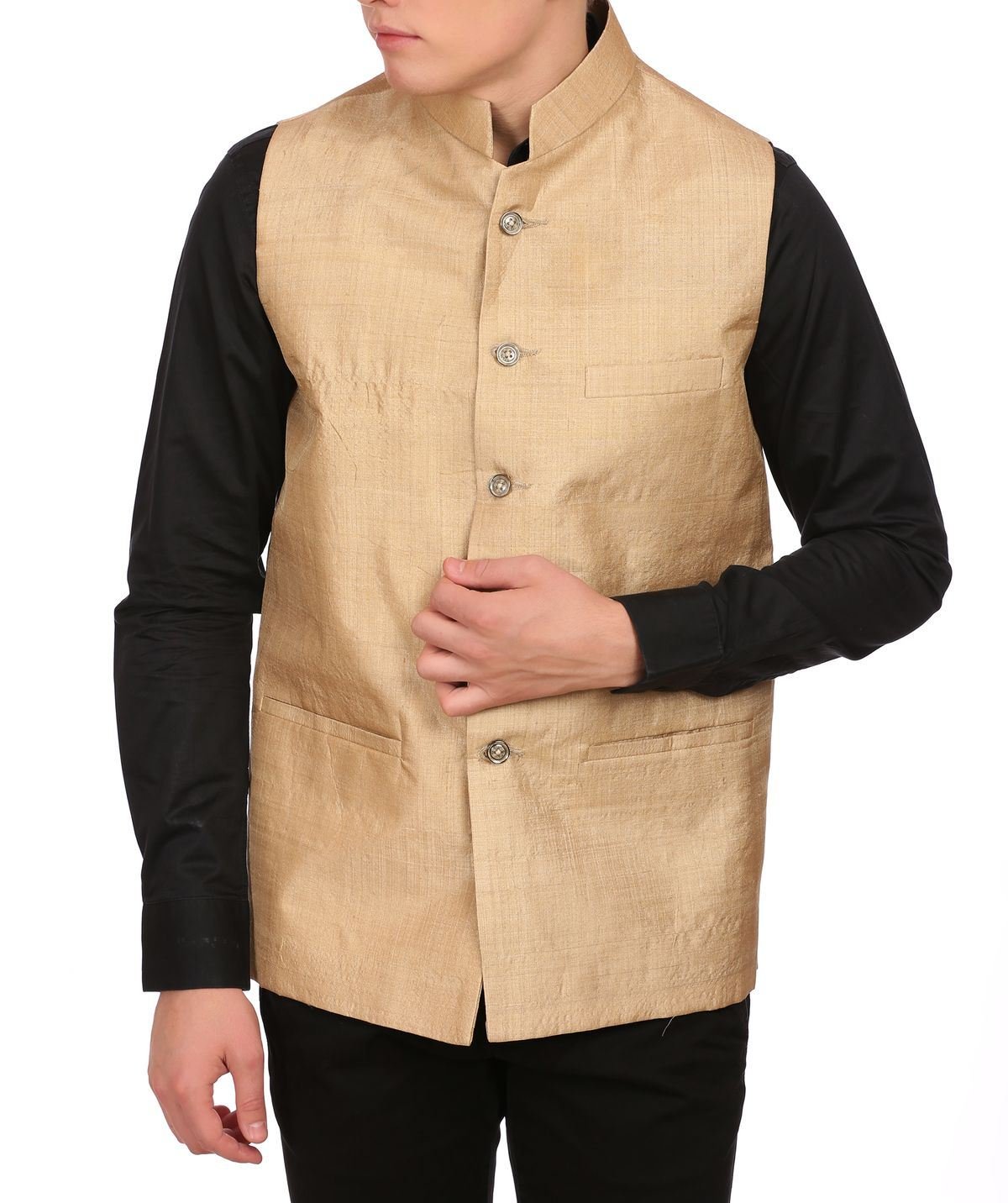 Vintage Men's Gold Muga Silk Nehru Vest Waistcoat for Wedding, Party & Formal Occasions - Elegant Grandad Collar Waistcoat for Groomsmen, Best Man & Special Events