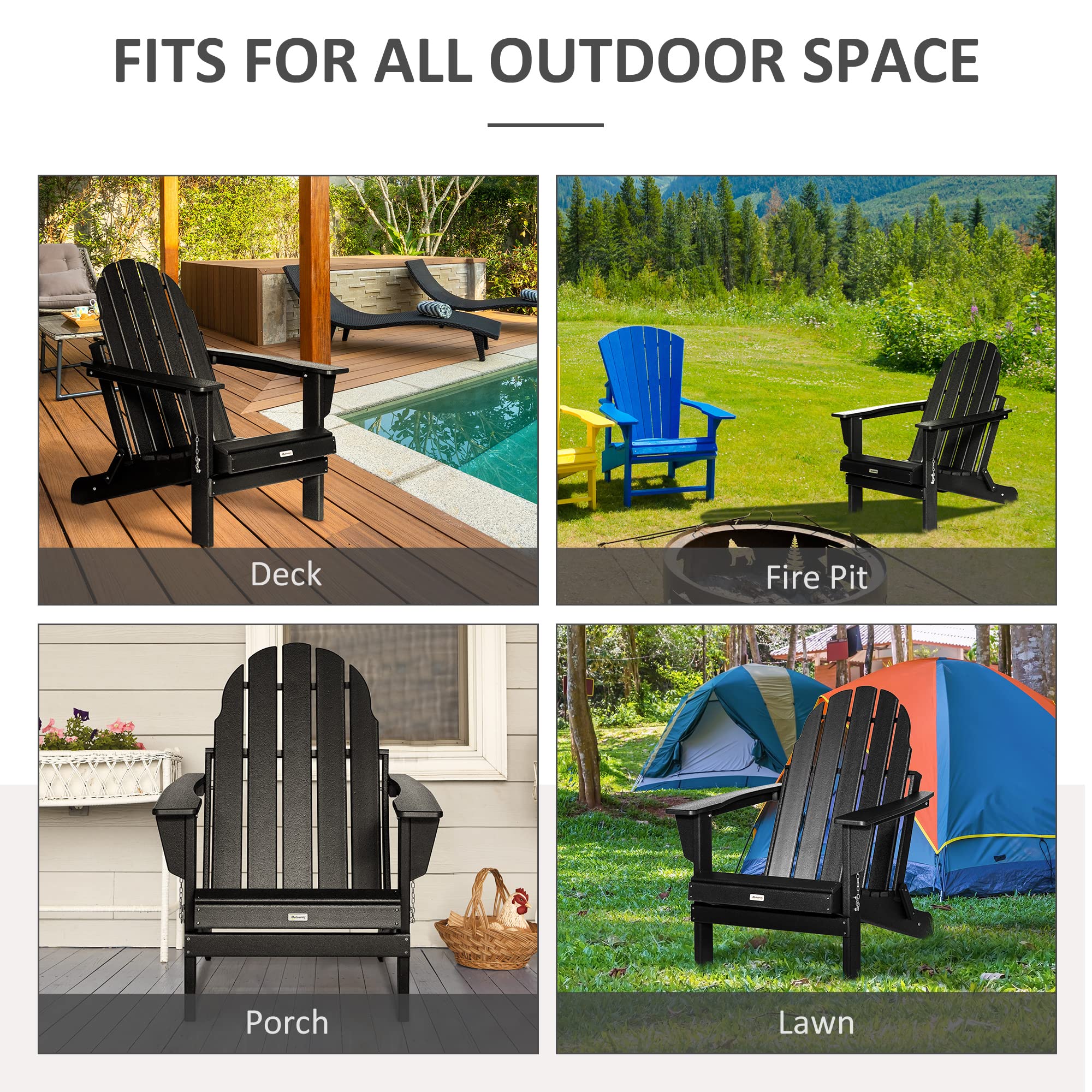 Outsunny Folding Adirondack Chair - Weather-Resistant HDPE Outdoor Fire Pit Chair for Patio, Garden, Backyard, Lawn - Perfect for Camping, Picnics & Relaxing in Black