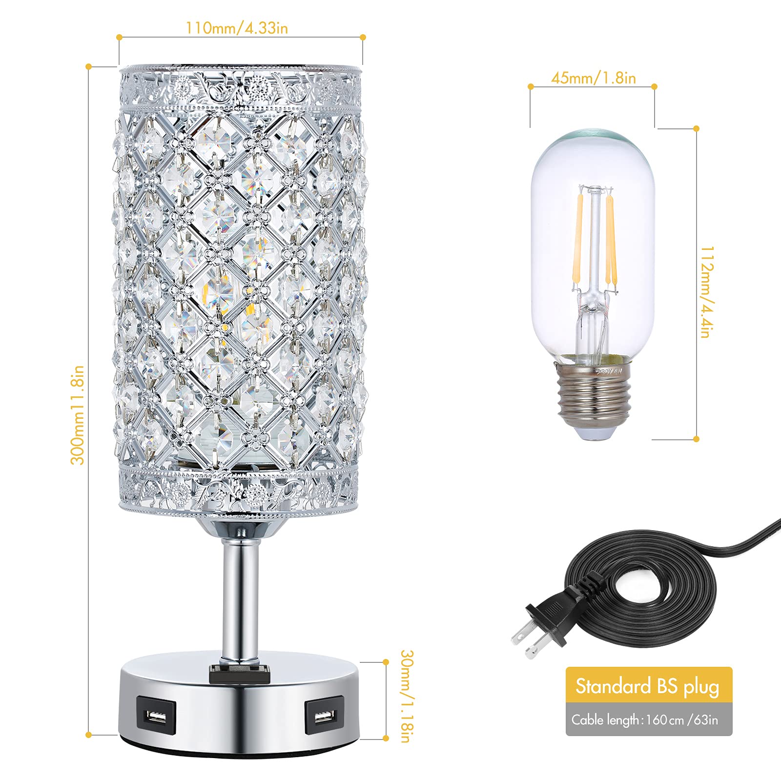 Touch Control Crystal Table Lamp Set of 2 - Modern USB Bedside Lamps with 3-Way Dimmable Lighting & 2 Charging Ports, K9 Glass Desk Lamp for Bedroom, Living Room, Office (Bulbs Included) | Perfect for Night Reading, Home Decor & Gift Giving