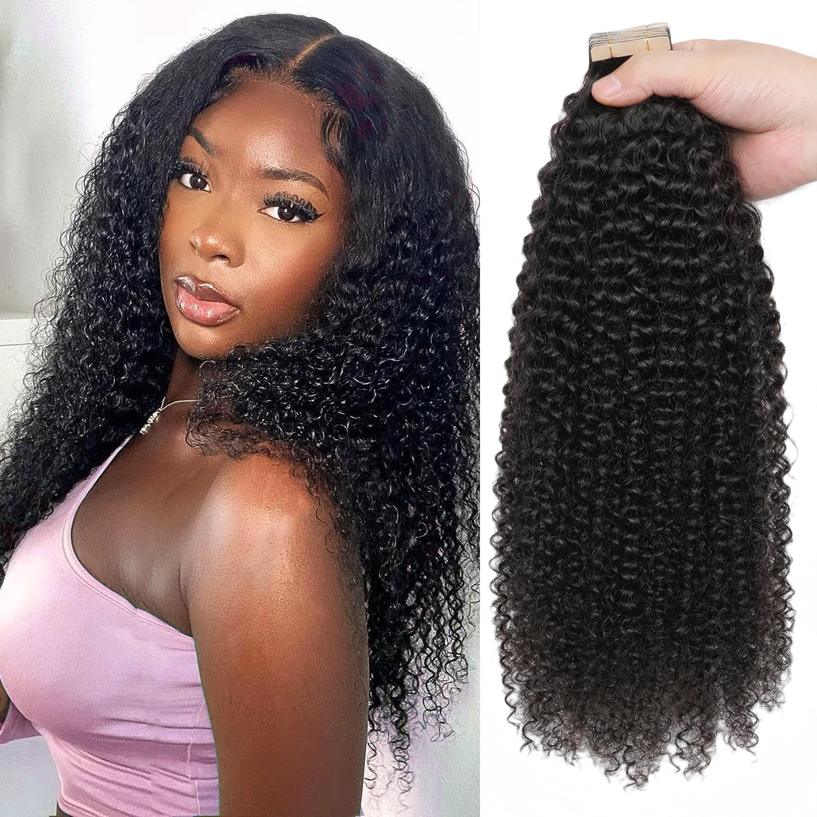 60pcs Tape in Hair Extensions - 100% Human Hair for Black Women - Kinky Curly 3C/4A Tape Ins - Seamless & Invisible 20 Inch Extensions (150g) - Perfect for Daily Wear, Parties & Special Occasions
