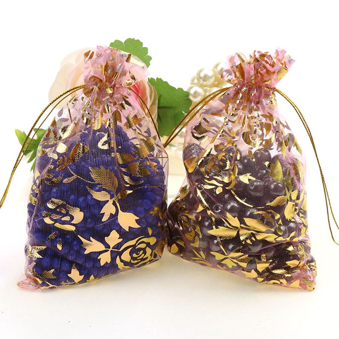 100pcs Rose Pattern Organza Wedding Favor Bags 5