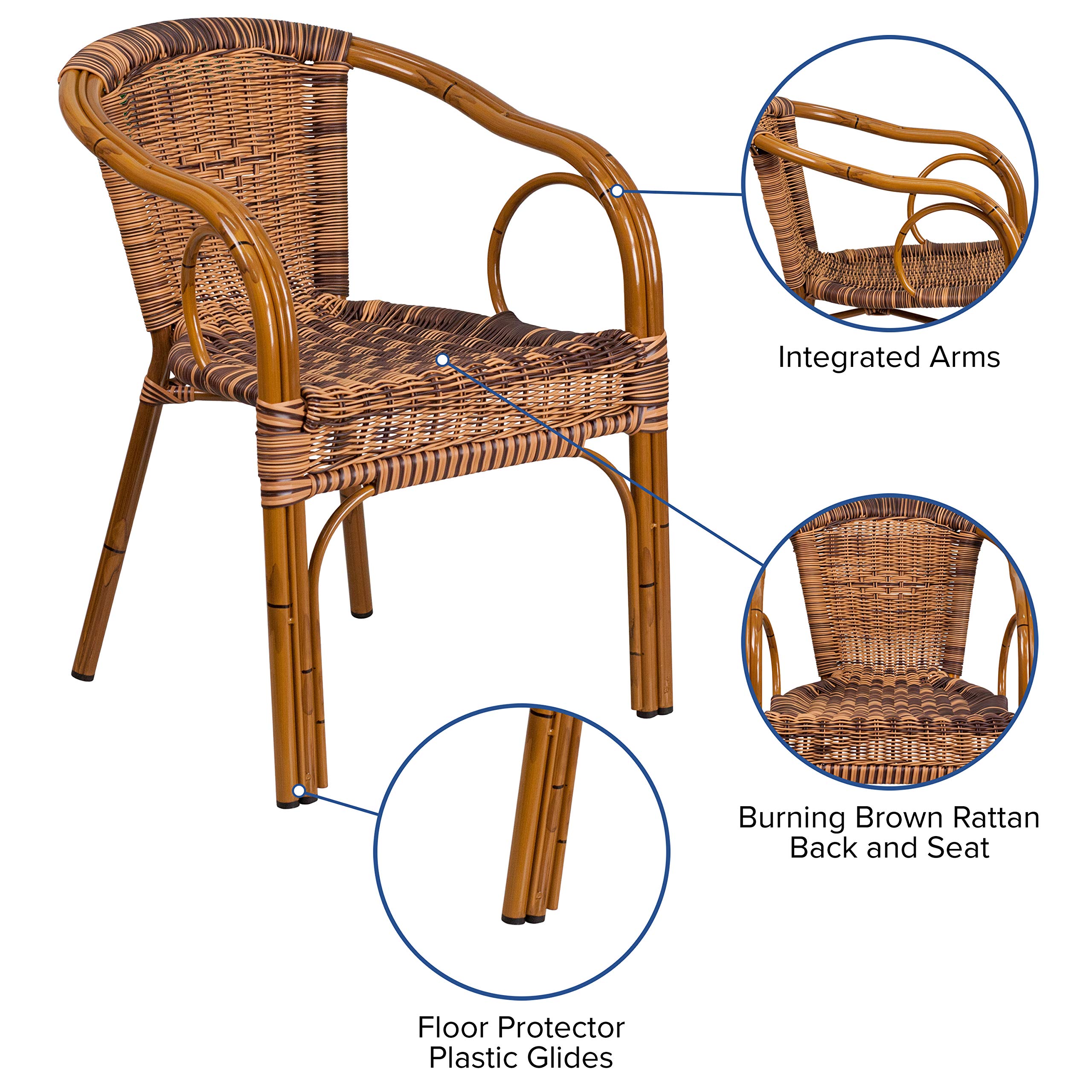 Flash Furniture Cadiz Series Dark Red Bamboo-Aluminum Indoor-Outdoor Dining Chair with Burning Brown Rattan - Perfect for Restaurants, Patios, Cafes, and Backyard Entertaining