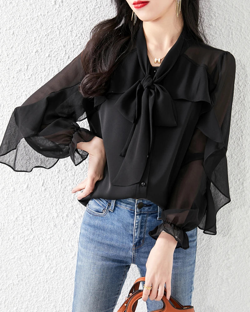 Elegant Silk Chiffon Ruffle Sleeve Blouse for Women - Flowy Boho Chic Top for Casual Wear, Office & Date Night Outfits