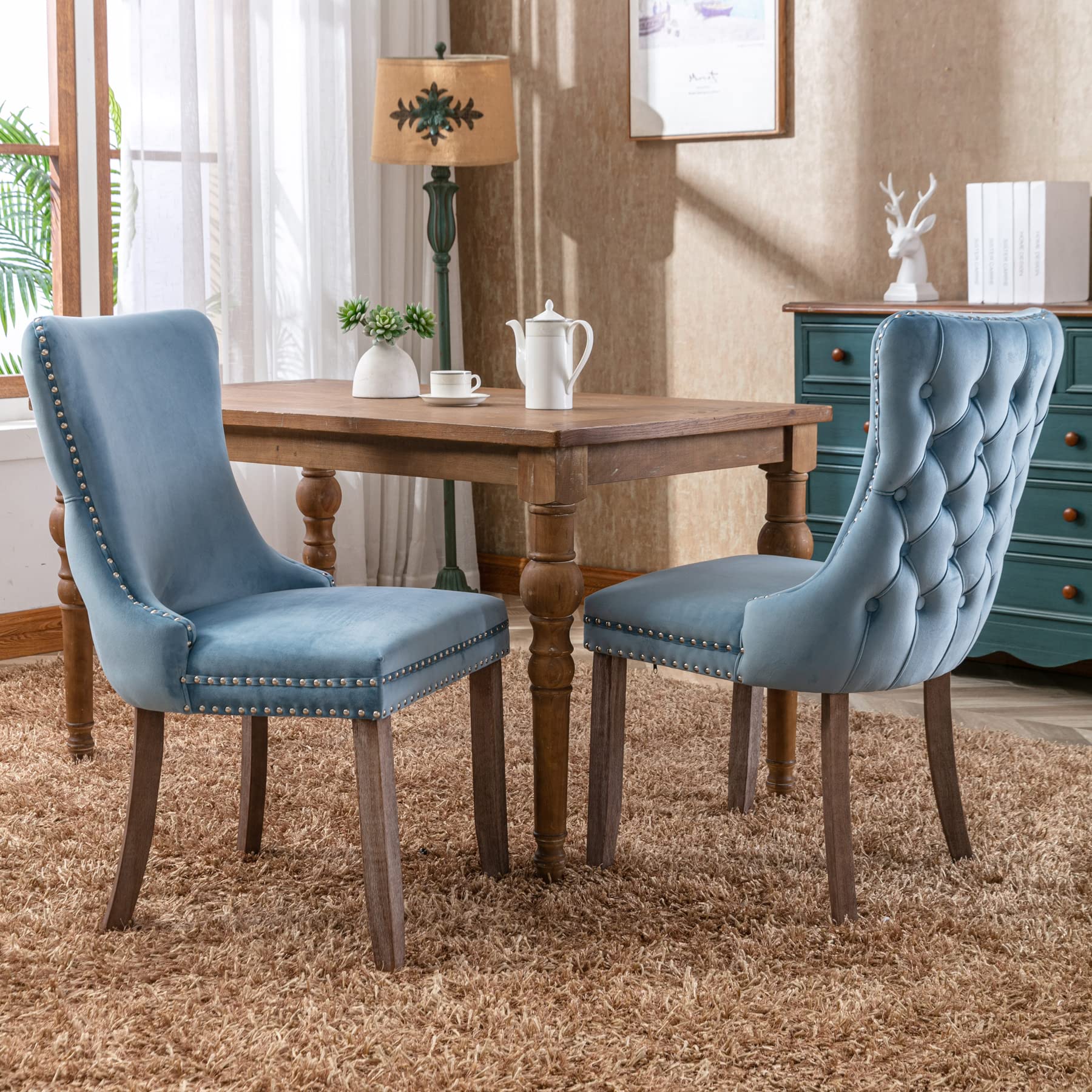 Luxury Velvet Upholstered Dining Chairs Set of 2 - Wingback Accent Chairs with Solid Wood Legs, Nailhead Trim & Button Tufted Back - Elegant Kitchen & Dining Room Decor for Home, Restaurant, Wedding (Light Blue)