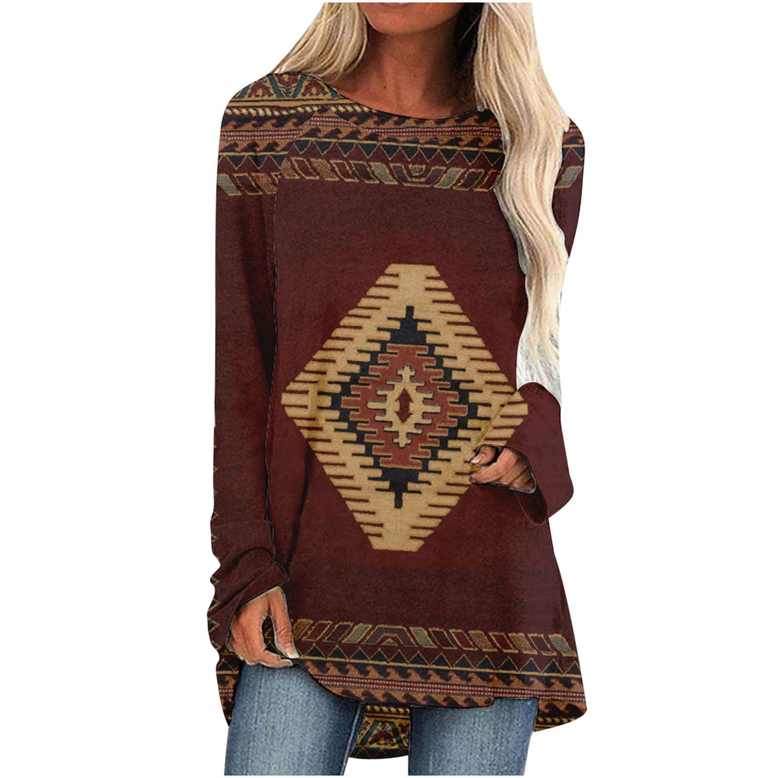 Women's Aztec Print Tunic Top - Loose Flowy Long Sleeve Blouse for Leggings | Western Ethnic Style Casual Wear for Work, Travel & Boho Outfits