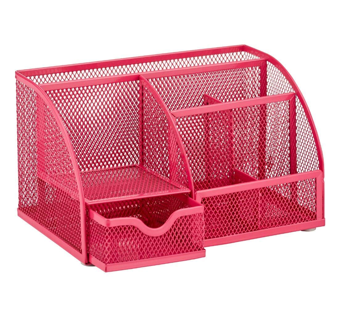 Annova Mesh Desk Organizer with 7 Compartments & Drawer - Multifunctional Office Organizer for Pens, Candy, Supplies (Pink) | Perfect for Home Office, School Desk & Workspace Organization