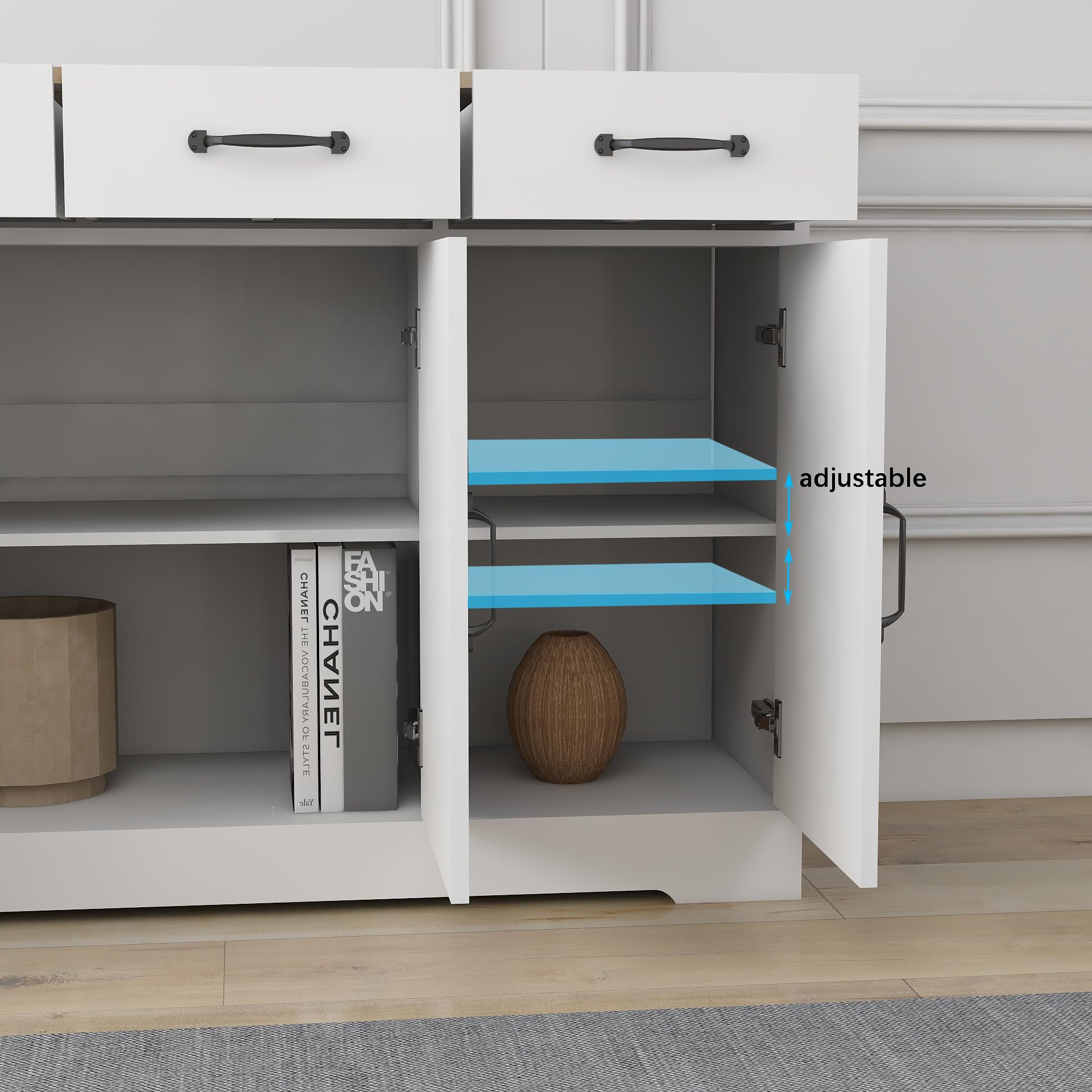 RASOO White 3-Door Sideboard Buffet Cabinet with 3 Drawers - Farmhouse Style Kitchen Storage Cabinet with Cross Doors for Dining Room, Living Room & Home Decor - Perfect for Entertaining Guests & Organizing Dishes