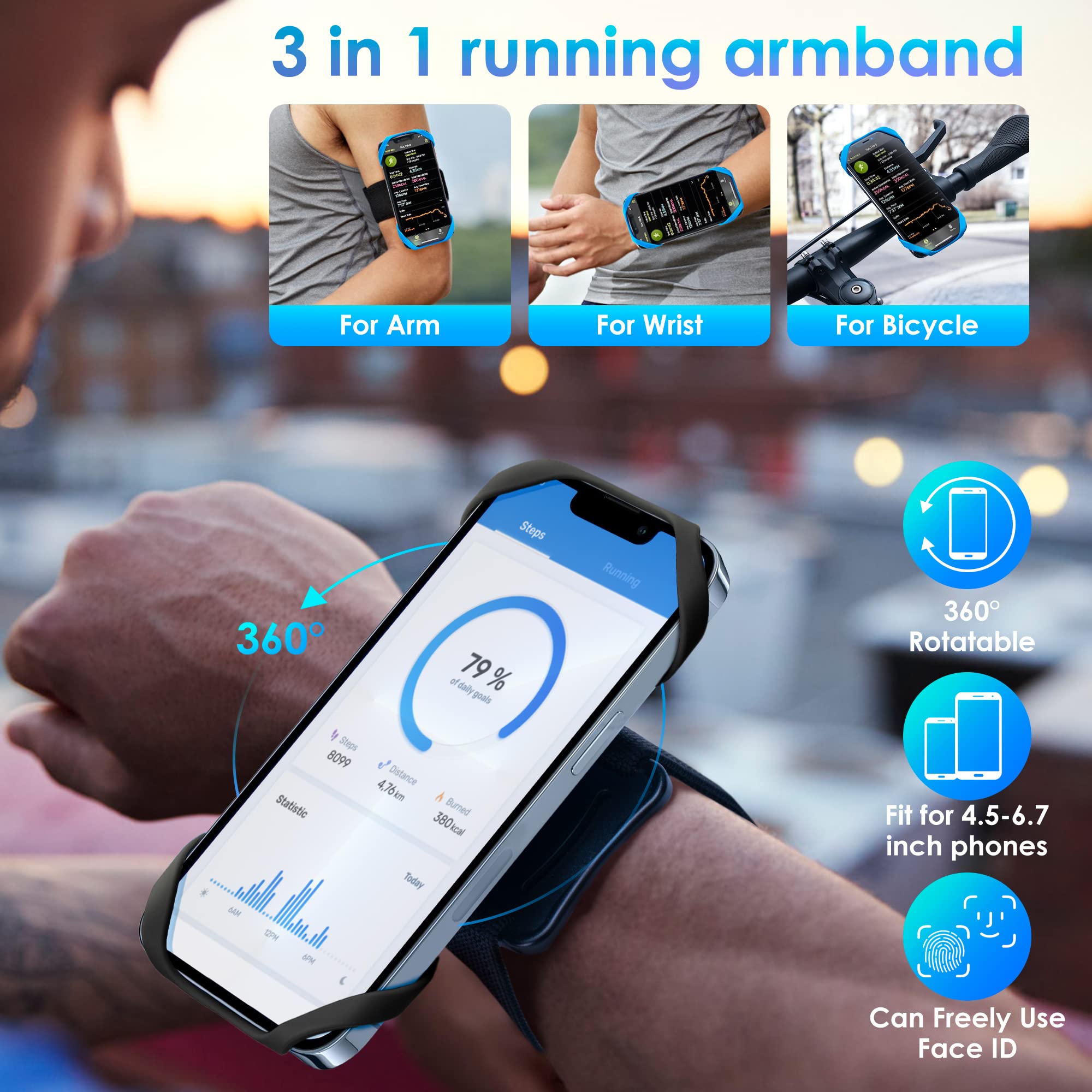 Cikyner 3-in-1 Running Armband - Adjustable Phone Holder for iPhone & Huawei (4.5-7