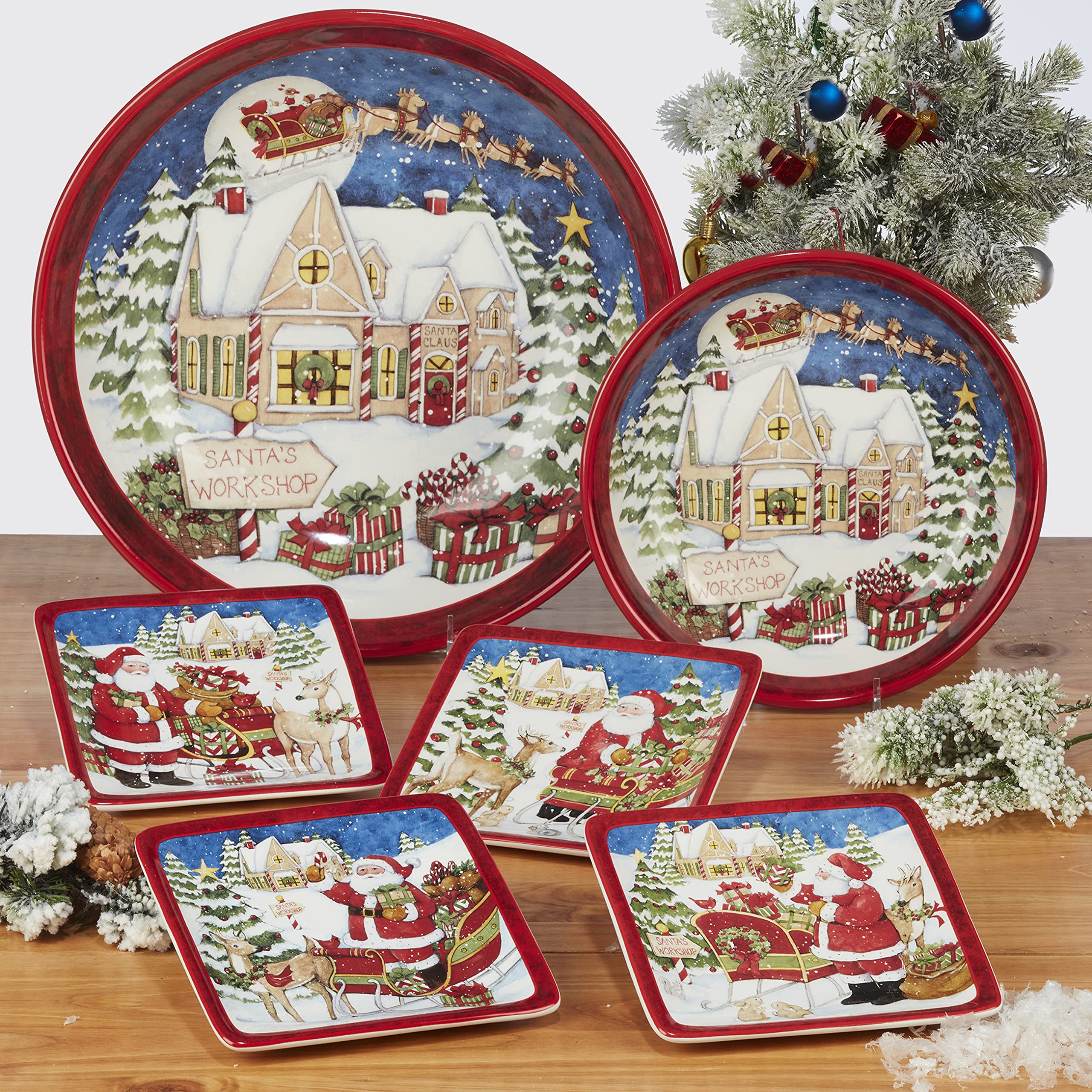 Certified International Santa's Workshop 6-Inch Canape Plates, Set of 4 - Perfect for Holiday Parties, Luncheons & Snack Serving