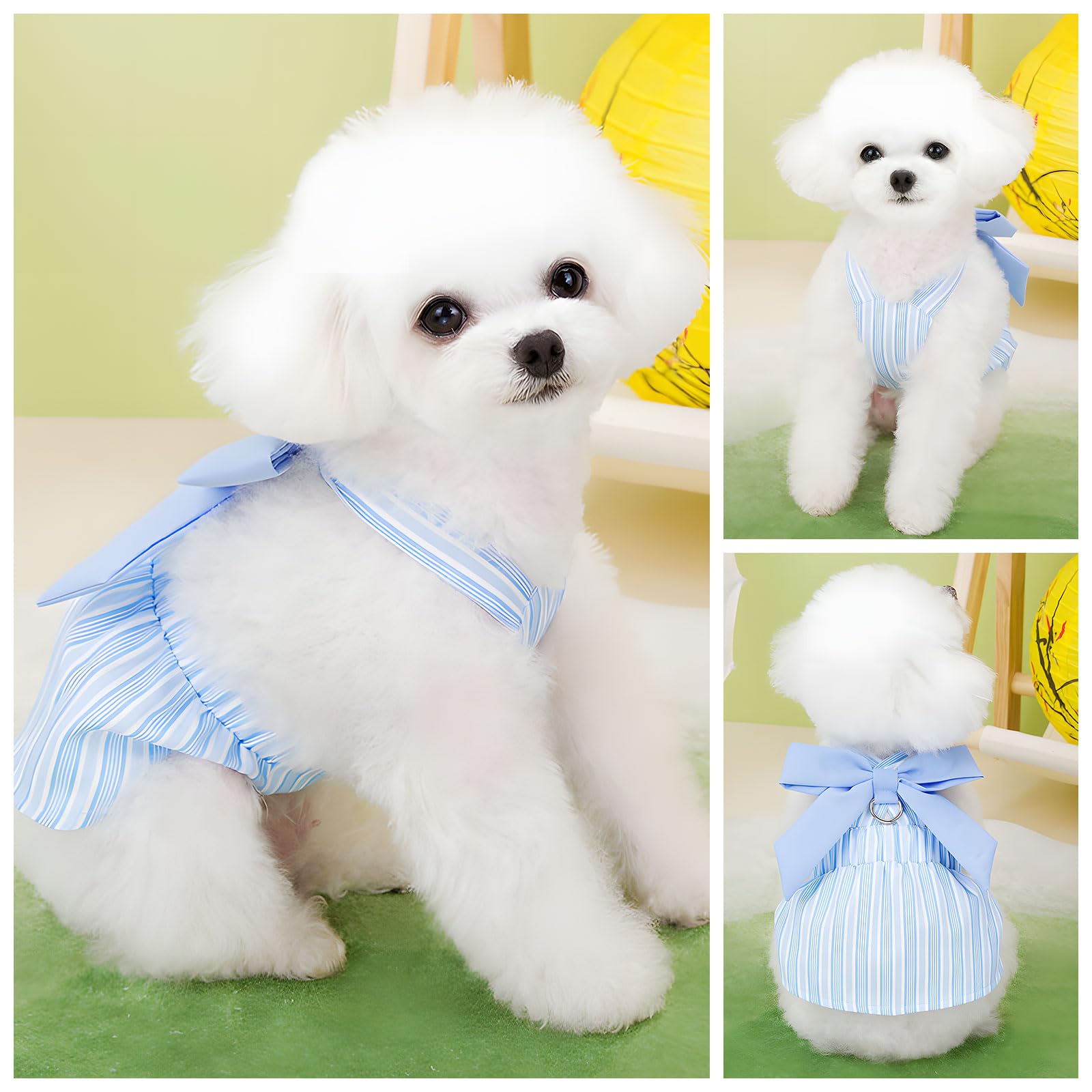 Cute Striped Summer Dog Dress with Bowknot - Adjustable Harness Outfit for Small Dogs, Chihuahua, Yorkie, Pug & Cats (Blue, Large) - Perfect for Birthdays, Parties & Daily Walks