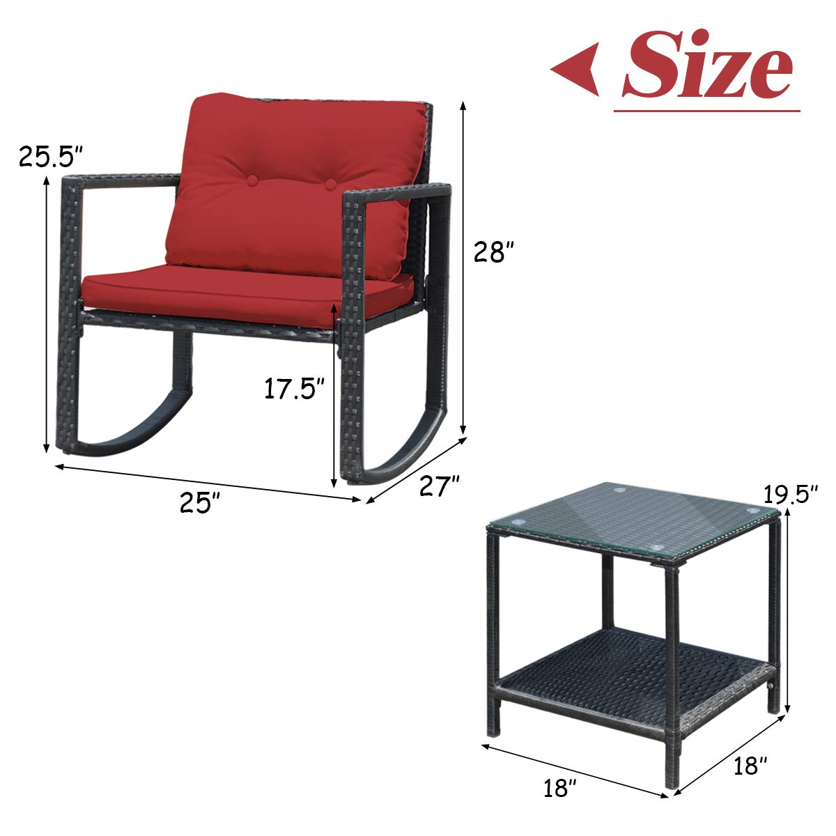 Tangkula 3-Piece Patio Wicker Rocking Bistro Set - Outdoor Rocking Chairs with Cushioned Seats, Glass Coffee Table & Storage Shelf - Red - Perfect for Backyard, Garden, Porch or Balcony Relaxation