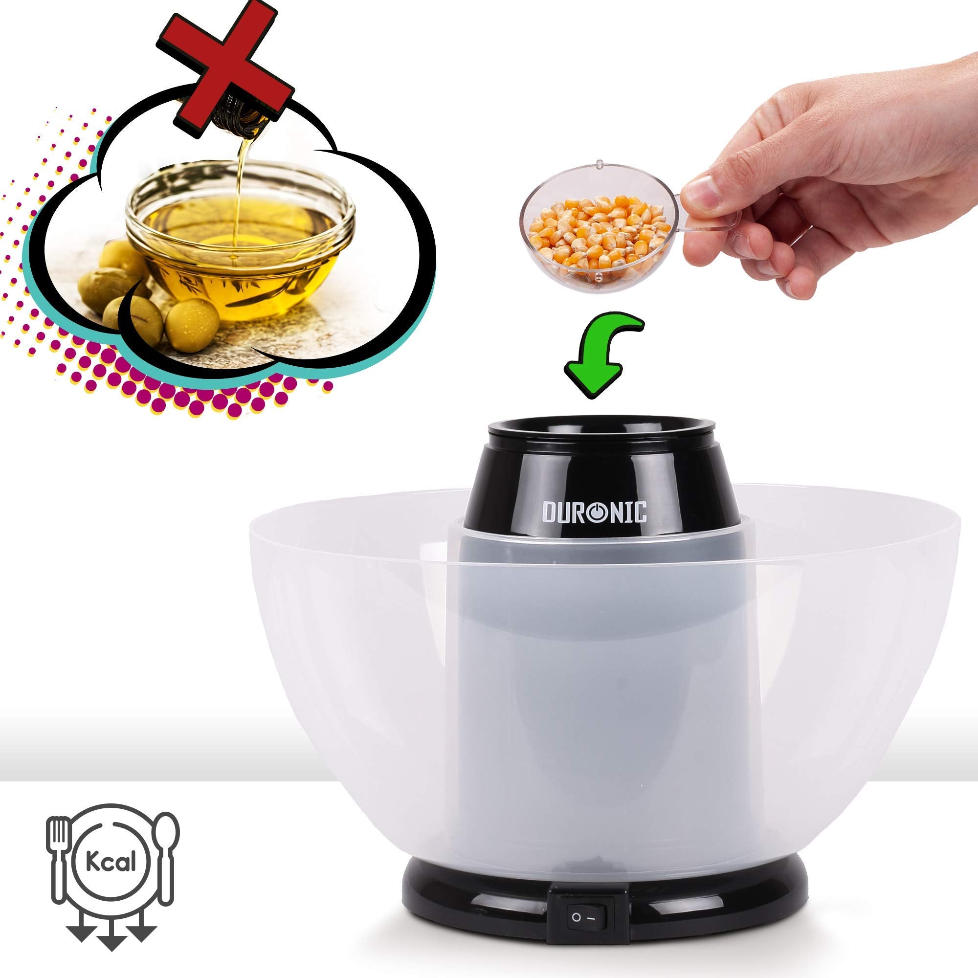 Duronic POP50/BK Hot Air Popcorn Maker - Healthy Oil-Free Homemade Popcorn Machine for Low Calorie Snacks - 1200W with Measuring Cup & Serving Bowl - Perfect for Movie Nights, Parties & Family Snack Time