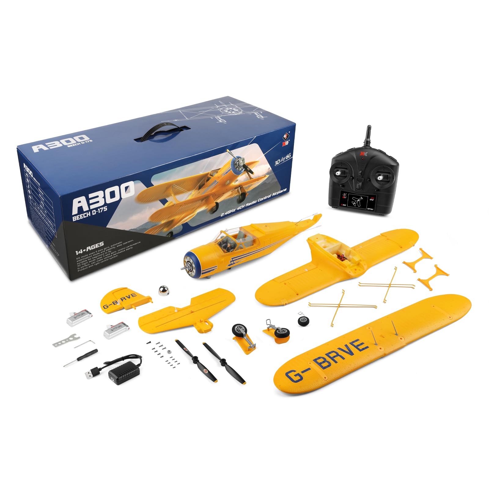 WLtoys A300 4-Channel RC Plane - Beechcraft D-17 Model with LED Lights, 6G/3D Brushless Motor, 2.4GHz Remote Control & 2 Batteries - Perfect RC Airplane Gift for Adults (Outdoor Flying, Hobbyist Collections, Birthday Presents)