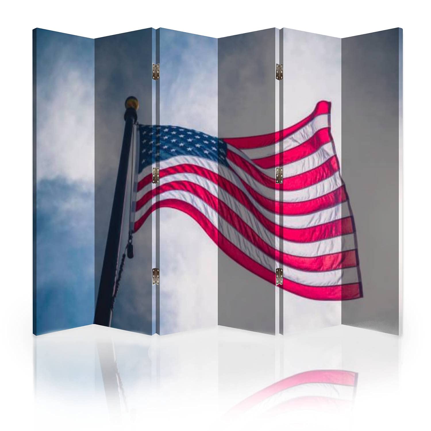 6-Panel American Flag Canvas Room Divider - Foldable Privacy Partition with Blue Sky Design | Perfect for Home Office, Studio, and Event Space Separation