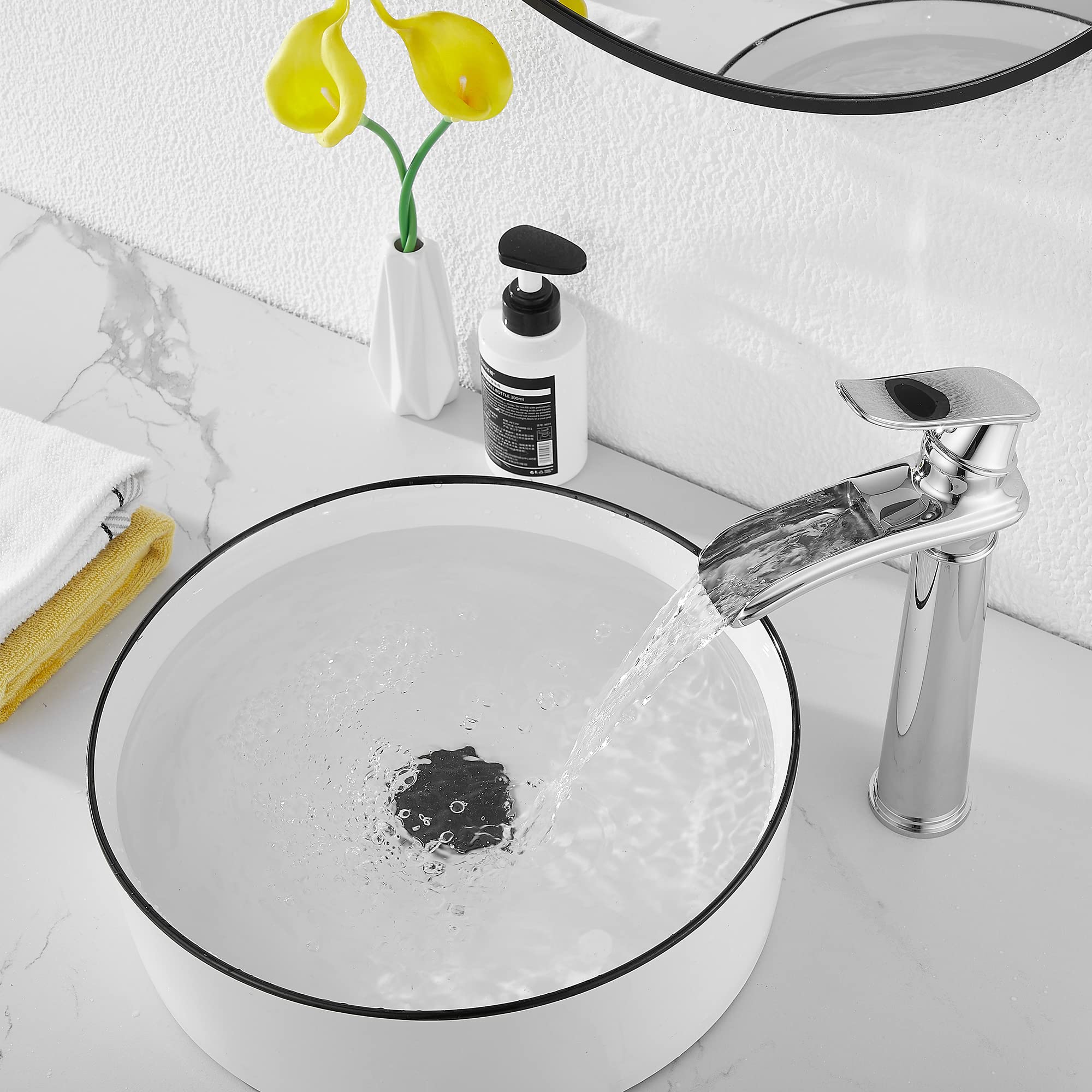 GGStudy Chrome Waterfall Single Handle Bathroom Faucet - One Hole Vessel Sink Faucet with Pop Up Drain for Farmhouse Style Bathroom | Perfect for Modern & Rustic Bathroom Decor