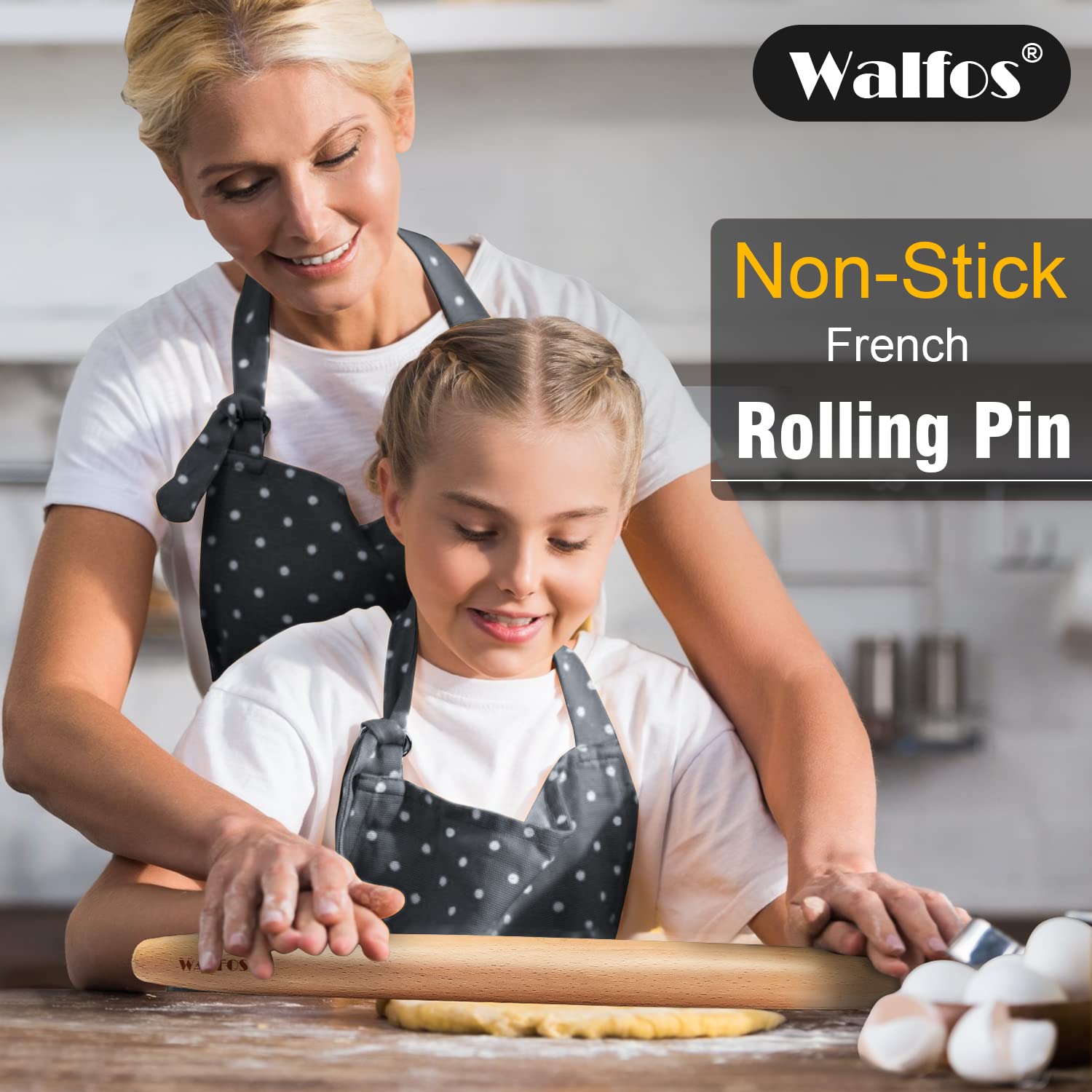 Premium WALFOS French Rolling Pin & Non-Stick Silicone Baking Mat Set - 15.7 Inch Beechwood Pastry Roller & Dough Mat for Perfect Pie Crust, Cookies, Pasta & Pizza | Ideal for Home Baking, Holiday Cooking & Professional Kitchen Use