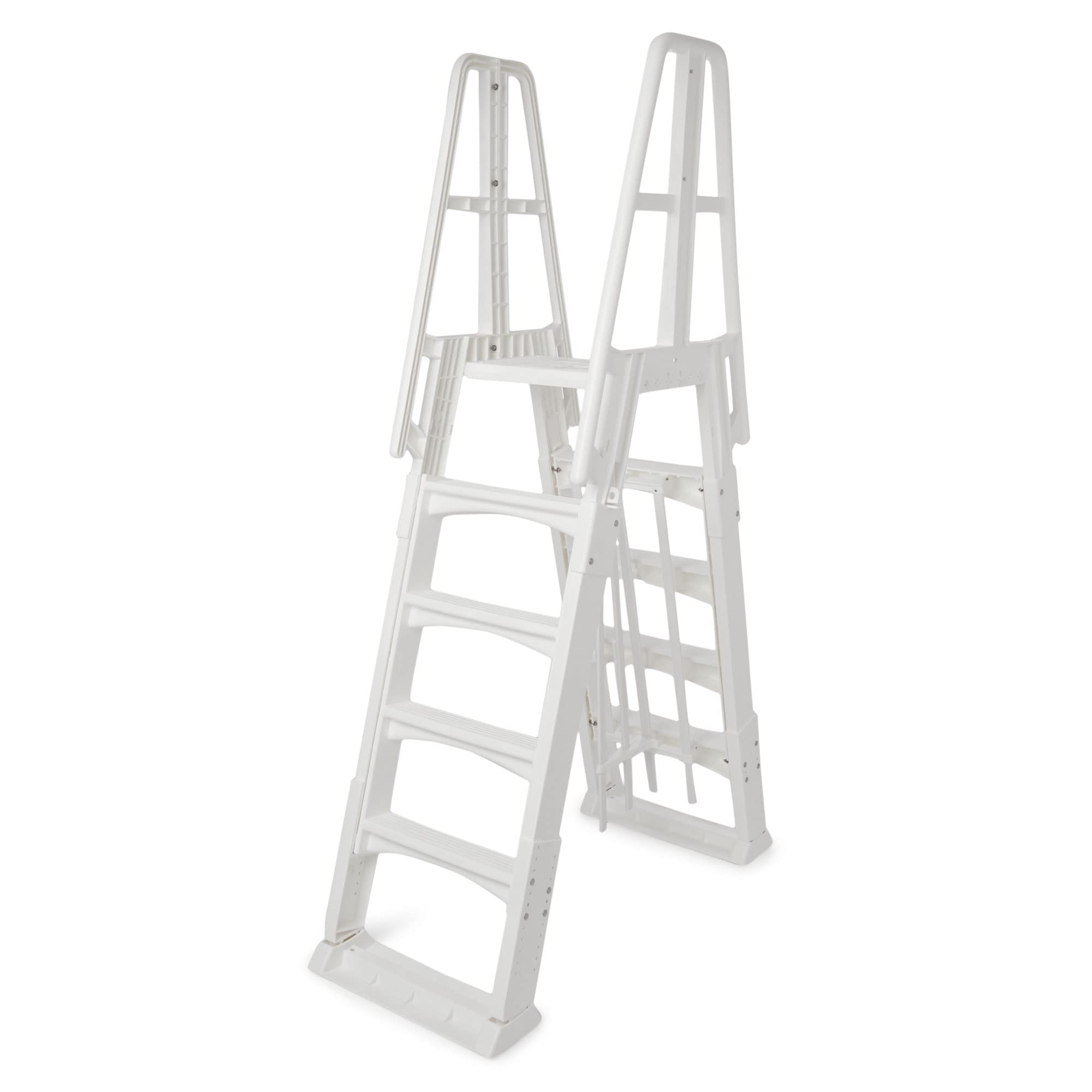 Vinyl Works SLA A-Frame 48-56 Inch Adjustable Above Ground Pool Ladder with Slide Lock Safety Barrier & Handrails - White | Easy Entry/Exit for Inground & Above Ground Swimming Pools | Perfect for Backyard, Family Use & Summer Fun
