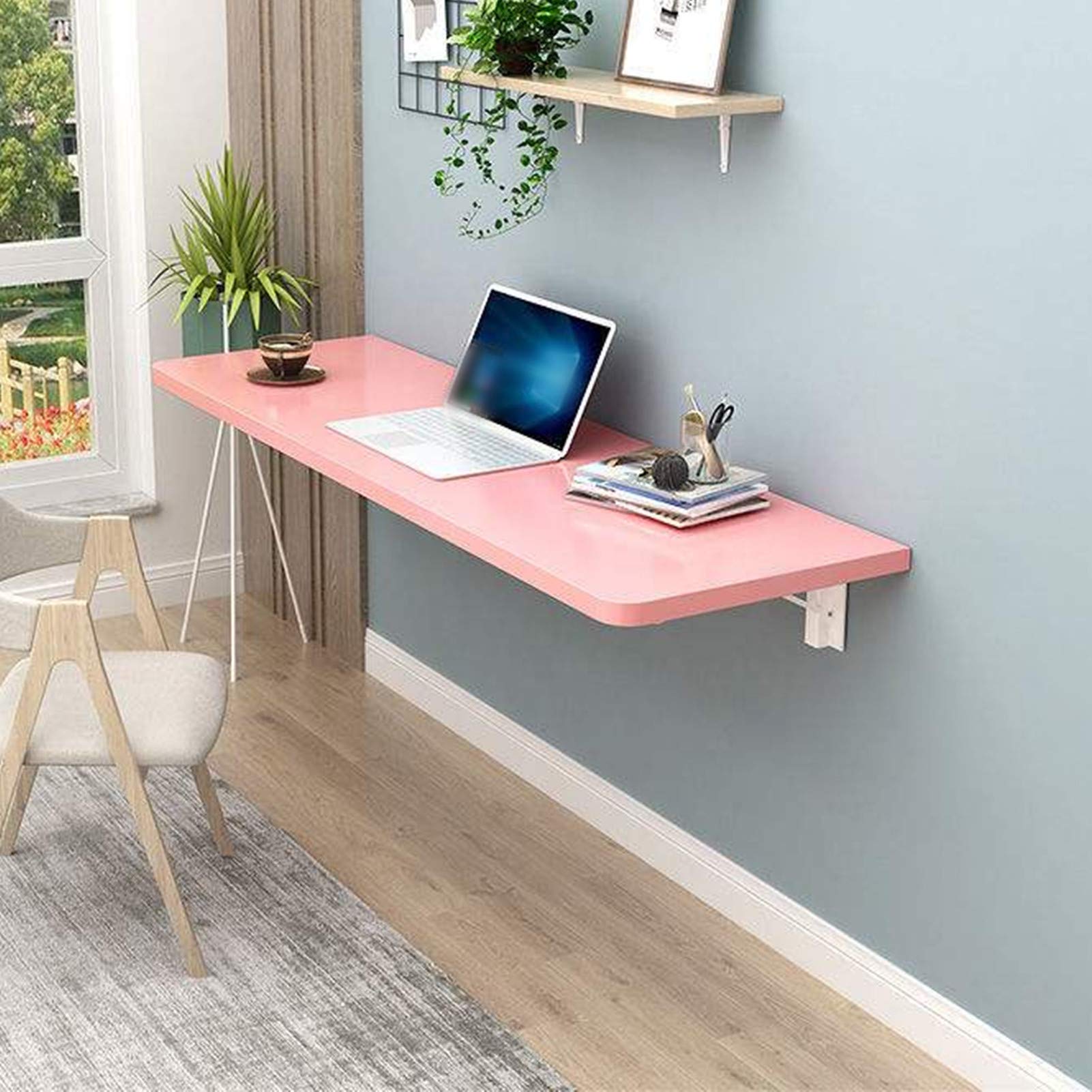 Space Saving Folding Wall Mounted Drop-Leaf Table with Shelves - 35x16 Inch Floating Cafe Dining Desk for Home Office, Living Room & Bedroom - Multi-Functional Wooden Hanging Computer Desk & Bookshelf Bar Table (Pink) - Perfect for Small Spaces, Apartments & Coffee Shops