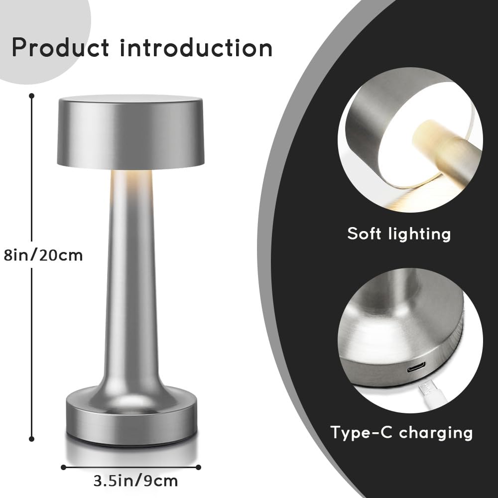 Portable LED Table Lamp with 3-Level Brightness & Touch Control - Rechargeable Metal Desk Lamp in Silver | Perfect for Bedside, Nightstand, Living Room & Office Lighting