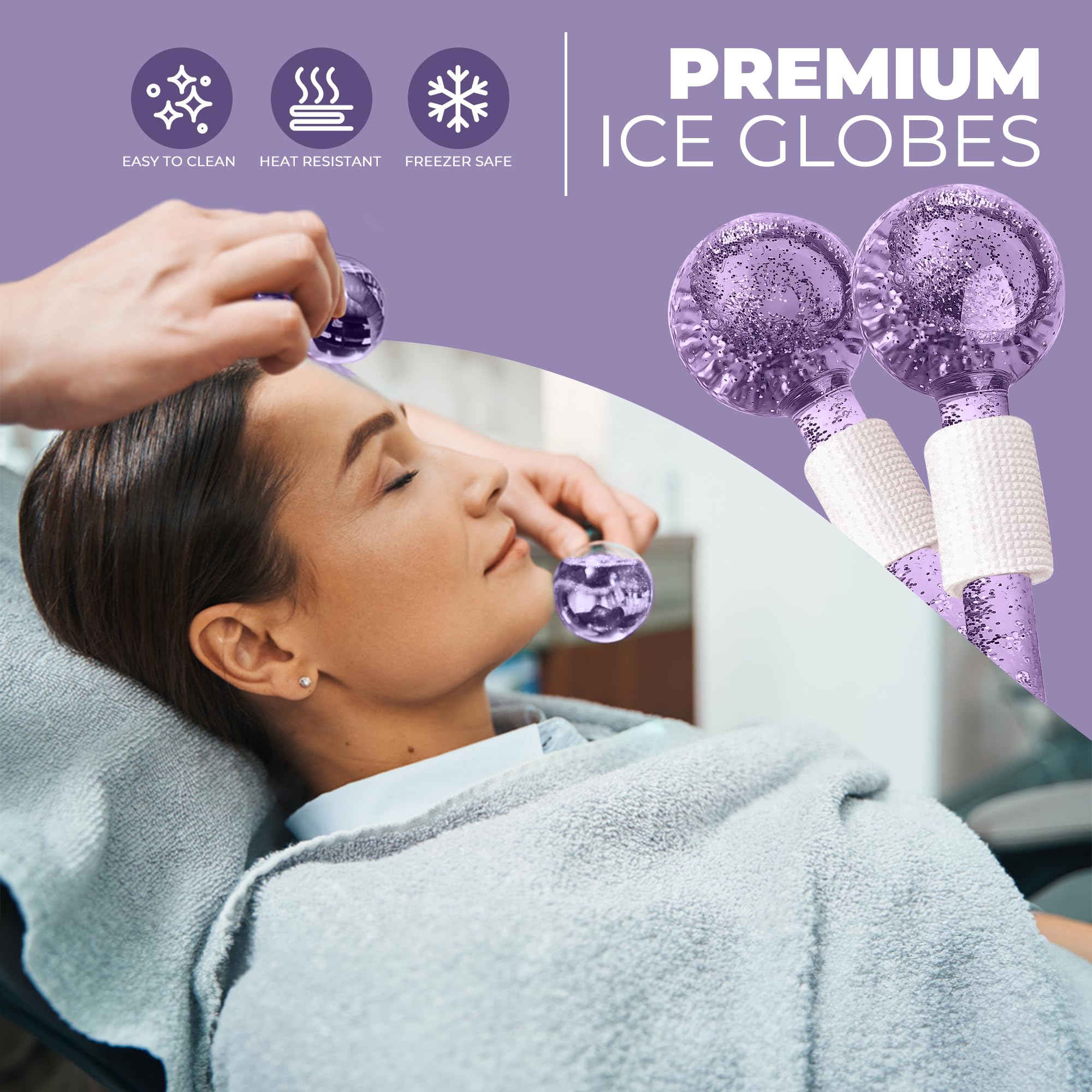 2Pcs Ice Globes for Face & Neck – Cooling Facial Massage Tool for Skin Tightening, Anti-Aging & Puffiness Reduction – Purple Ice Roller for Wrinkle Care & Eye Refreshment – Perfect for Morning Routine, Spa Days & Post-Workout Skin Recovery