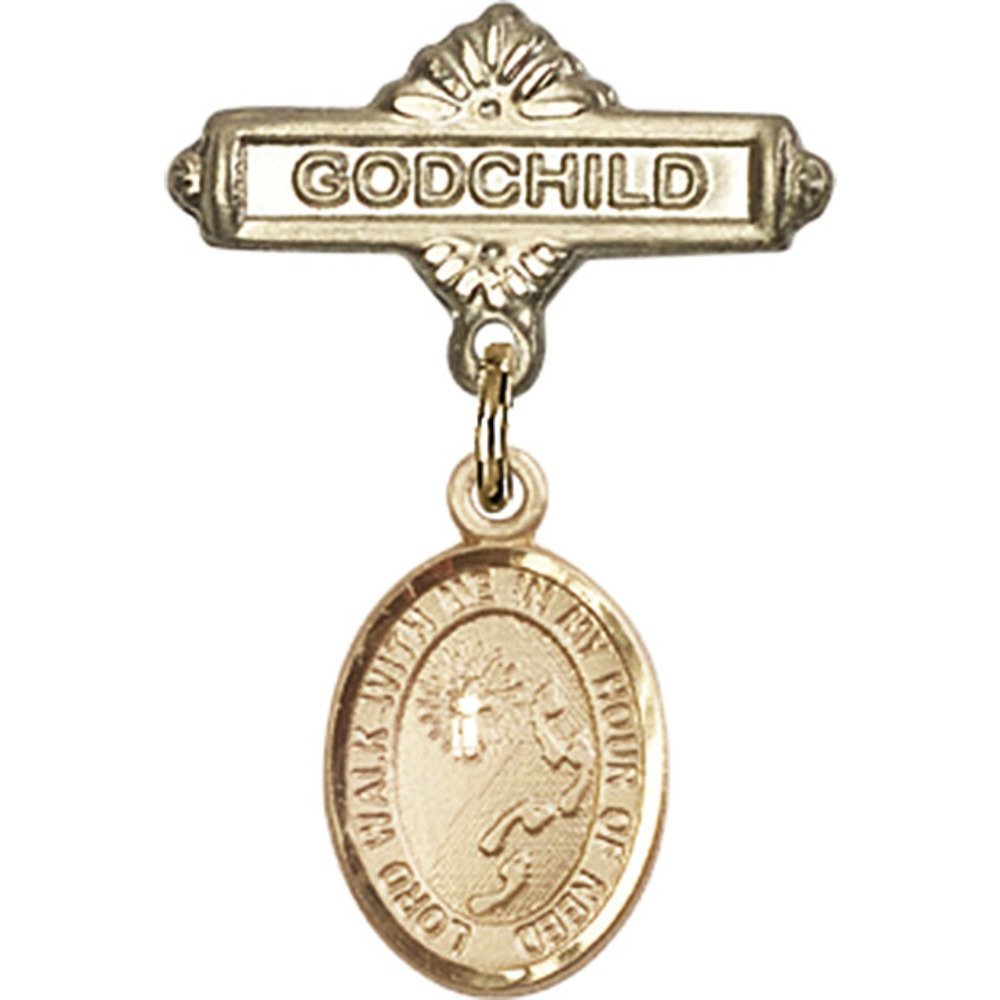 Gold Filled Baby Badge with Footprints & Cross Charm - Godchild Gift Pin (1 x 5/8 Inch) - Perfect for Christenings, Baptisms & Newborn Gifts