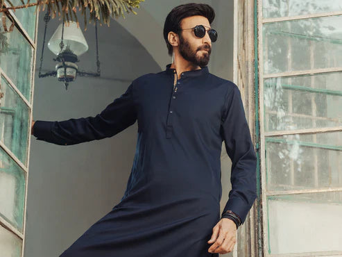 Stylish Blended Midnight Blue Shalwar Kameez Outfit | Premium Pakistani Ethnic Wear by Almirah Ethos | Perfect for Weddings, Festivals & Special Occasions