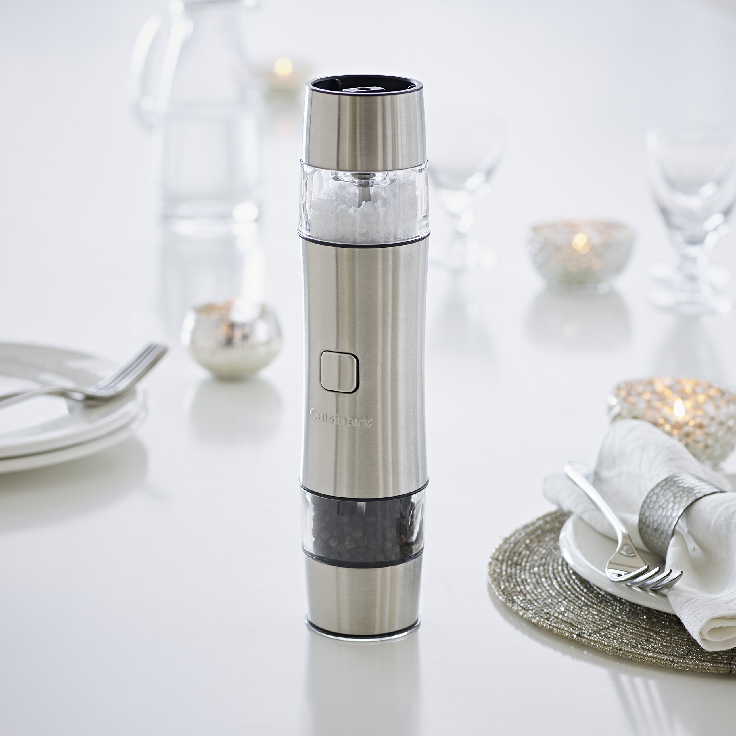Premium Cuisinart Rechargeable Electric Salt and Pepper Grinder Set - Battery-Free Seasoning Mill with Adjustable Coarseness, 20-Min Fast Charge & Measuring Cap - 3-Year Warranty (Silver) - Perfect for Kitchens, Restaurants, and Gourmet Cooking
